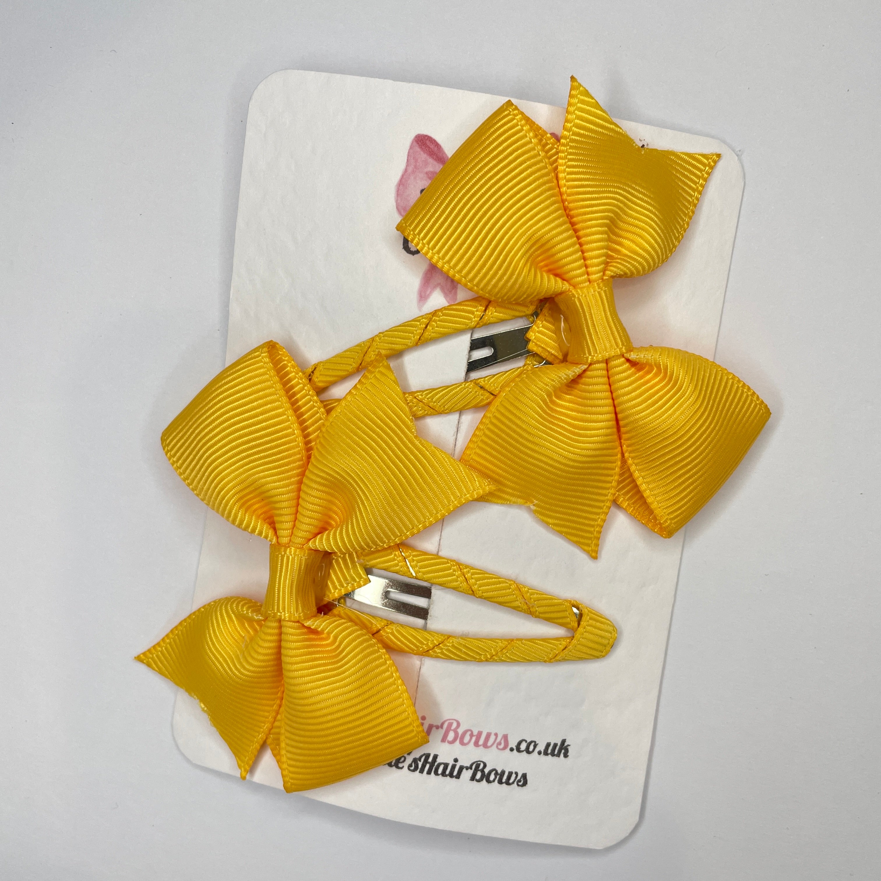 2.5" Yellow Gold Bow Snap Clips – Grosgrain Ribbon Hair Clips for Girls (Set of 2)
