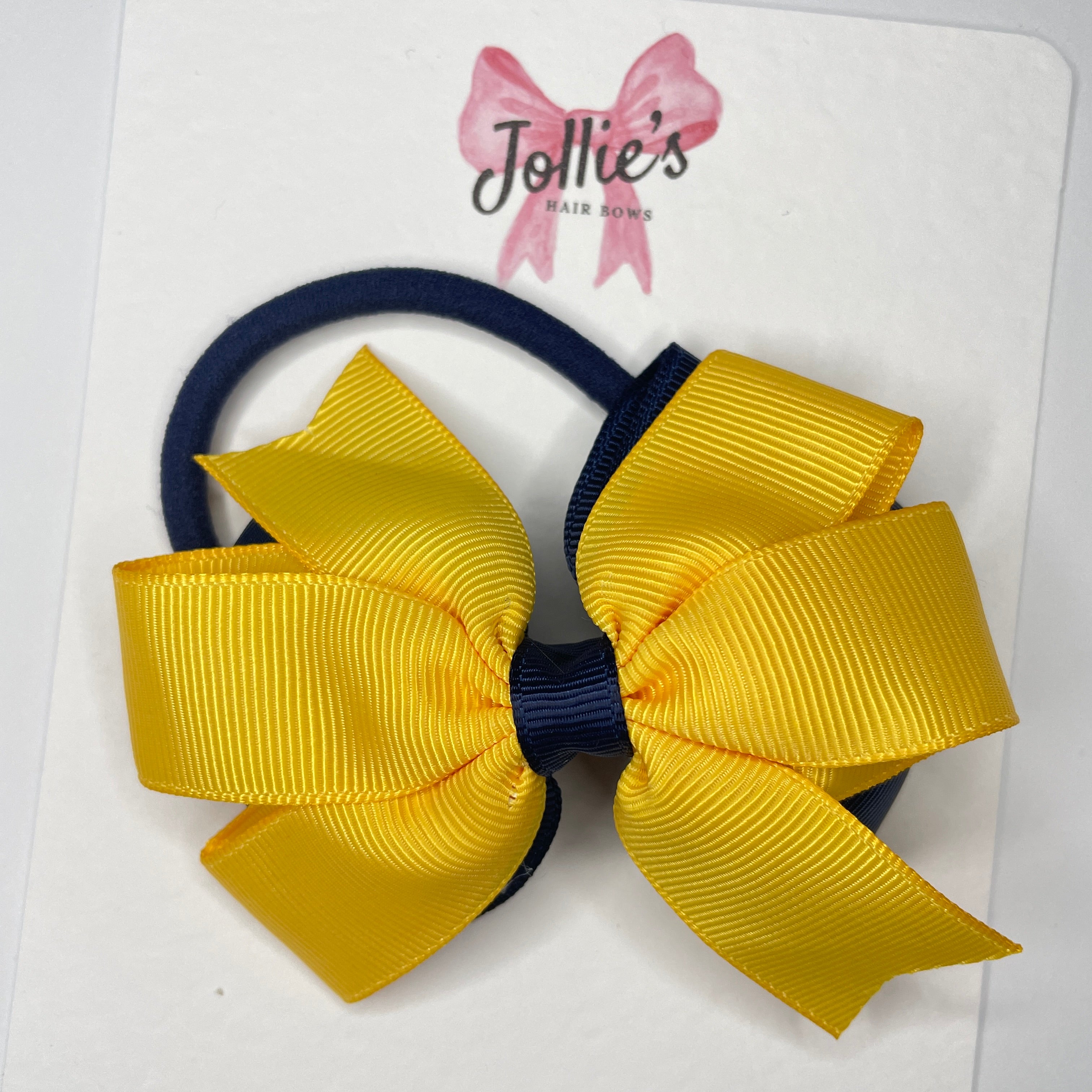 3.5" Navy & Yellow Gold Flat Double Hair Bow – Thick Elastic Bobble