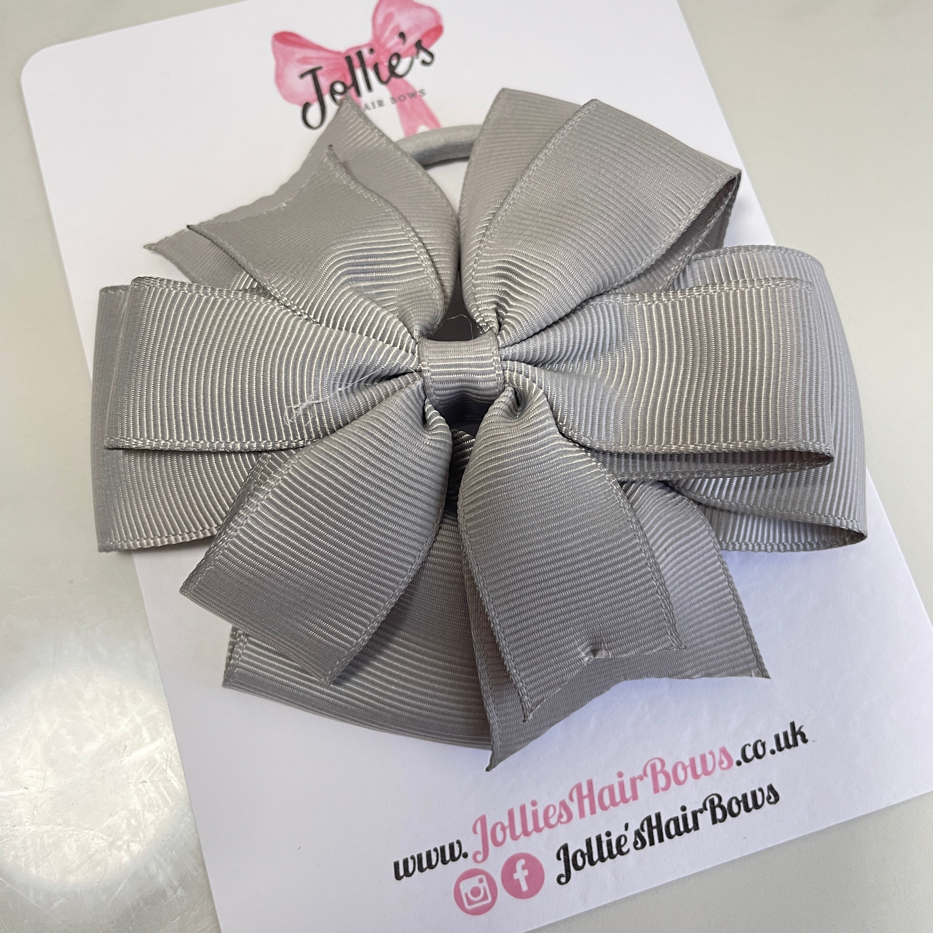 4.5" Silver Double Layer Pinwheel Hair Bow – Grosgrain Ribbon with Thick Elastic Bobble