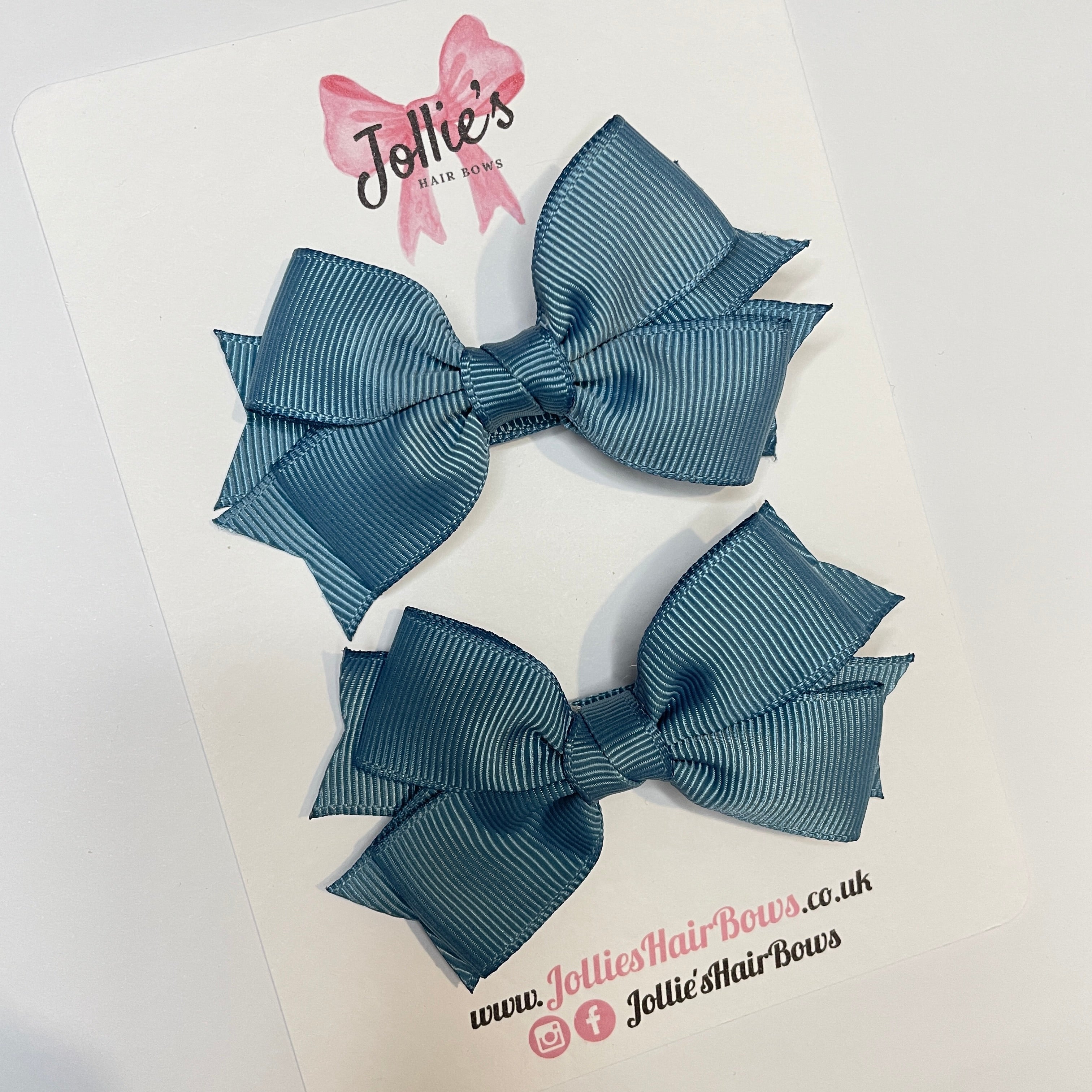 3" Antique Blue Layered Hair Bows (Pair) – Grosgrain with Alligator Clip