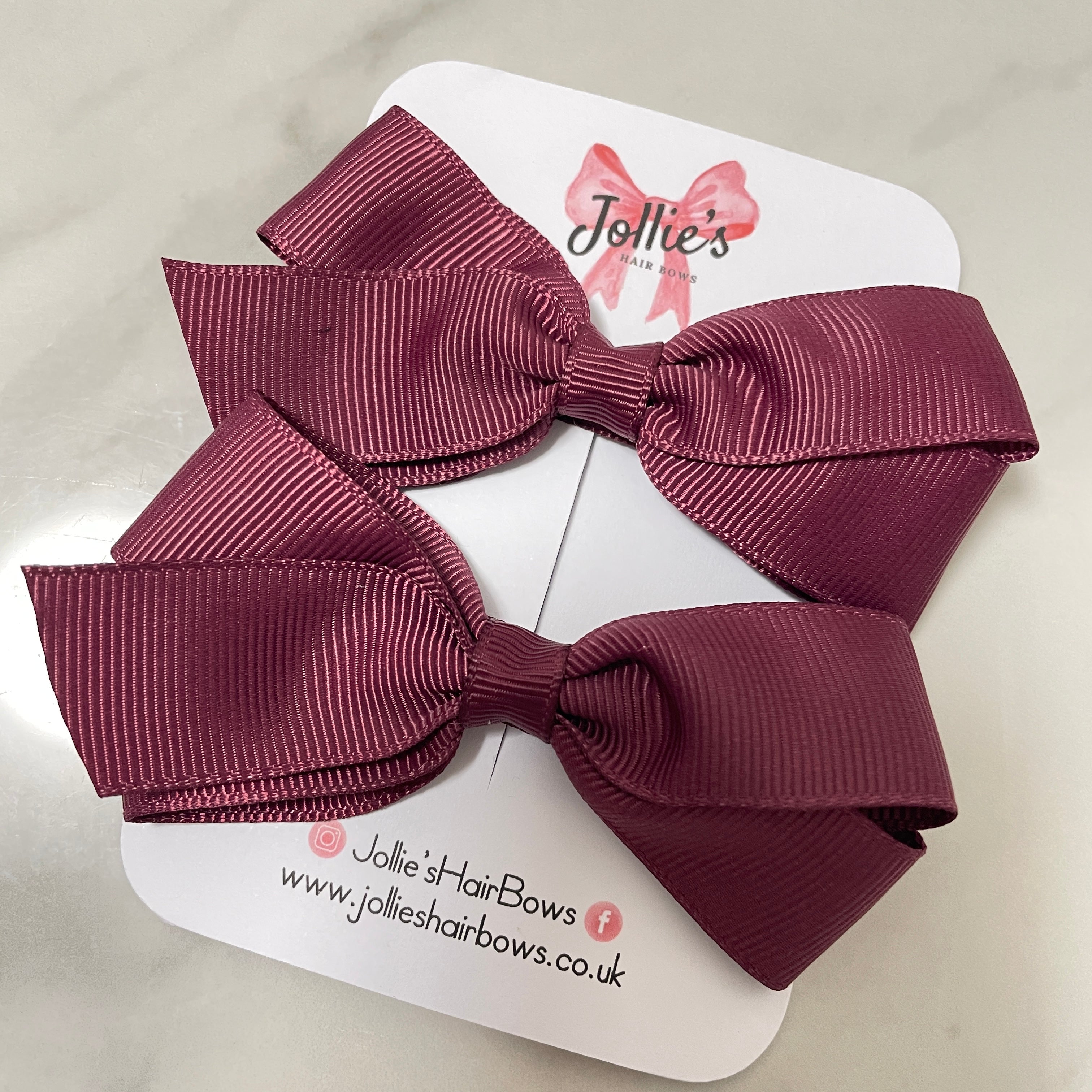 3.5" Burgundy Hair Bows with Clip (Pair) – Grosgrain Ribbon with Lined Alligator Clip