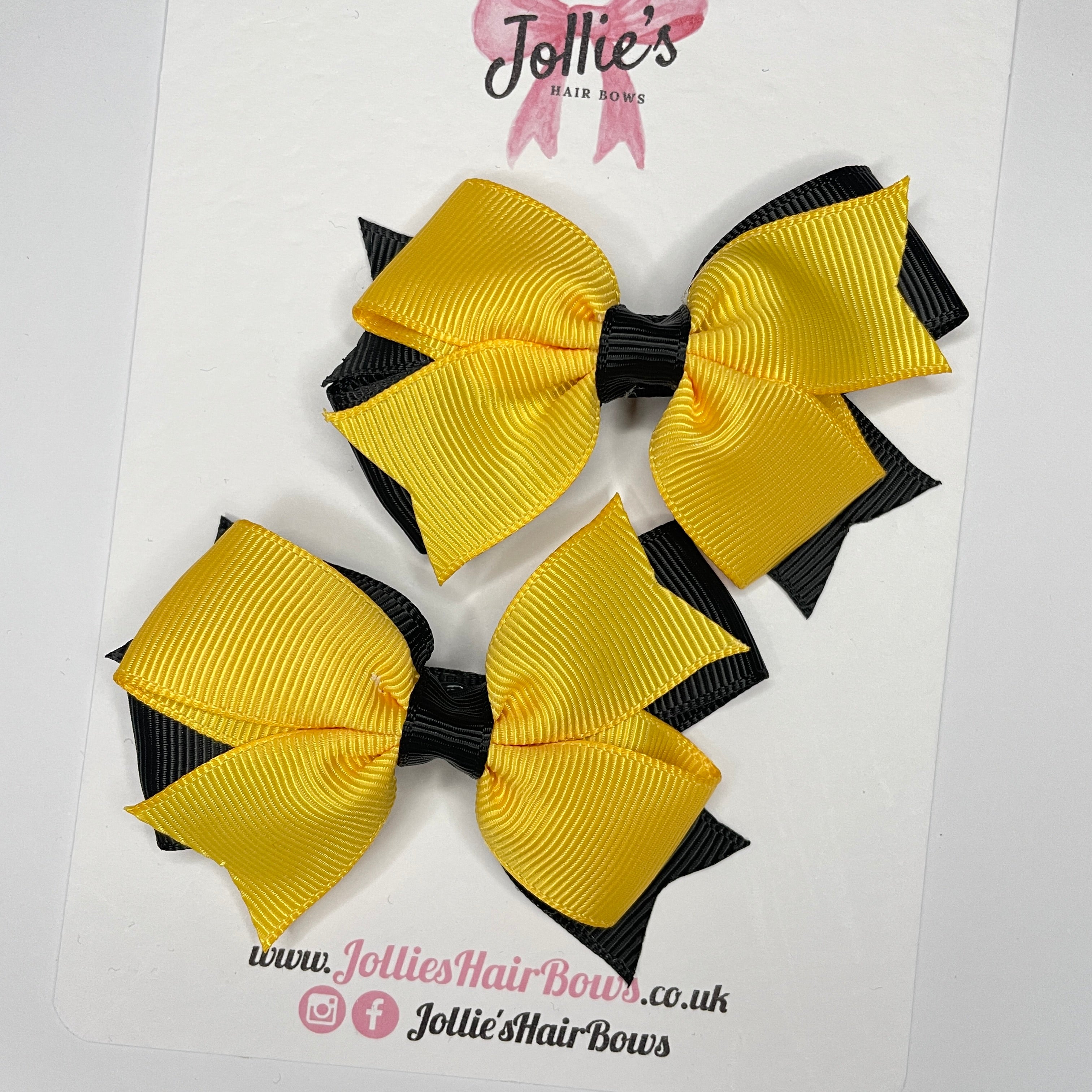 3" Double Layer Bow with Clip (Pair) – Black & Yellow Gold