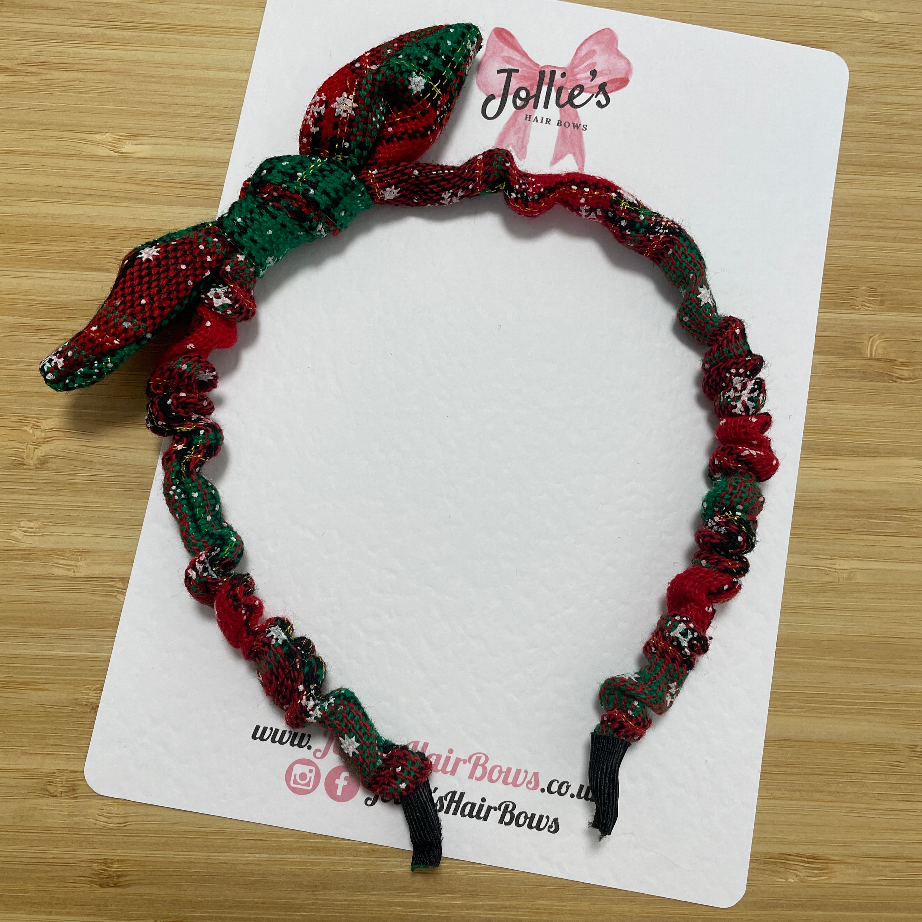 Christmas Velvet Bunny Ear Headband – Red & Green Tartan Snowflake