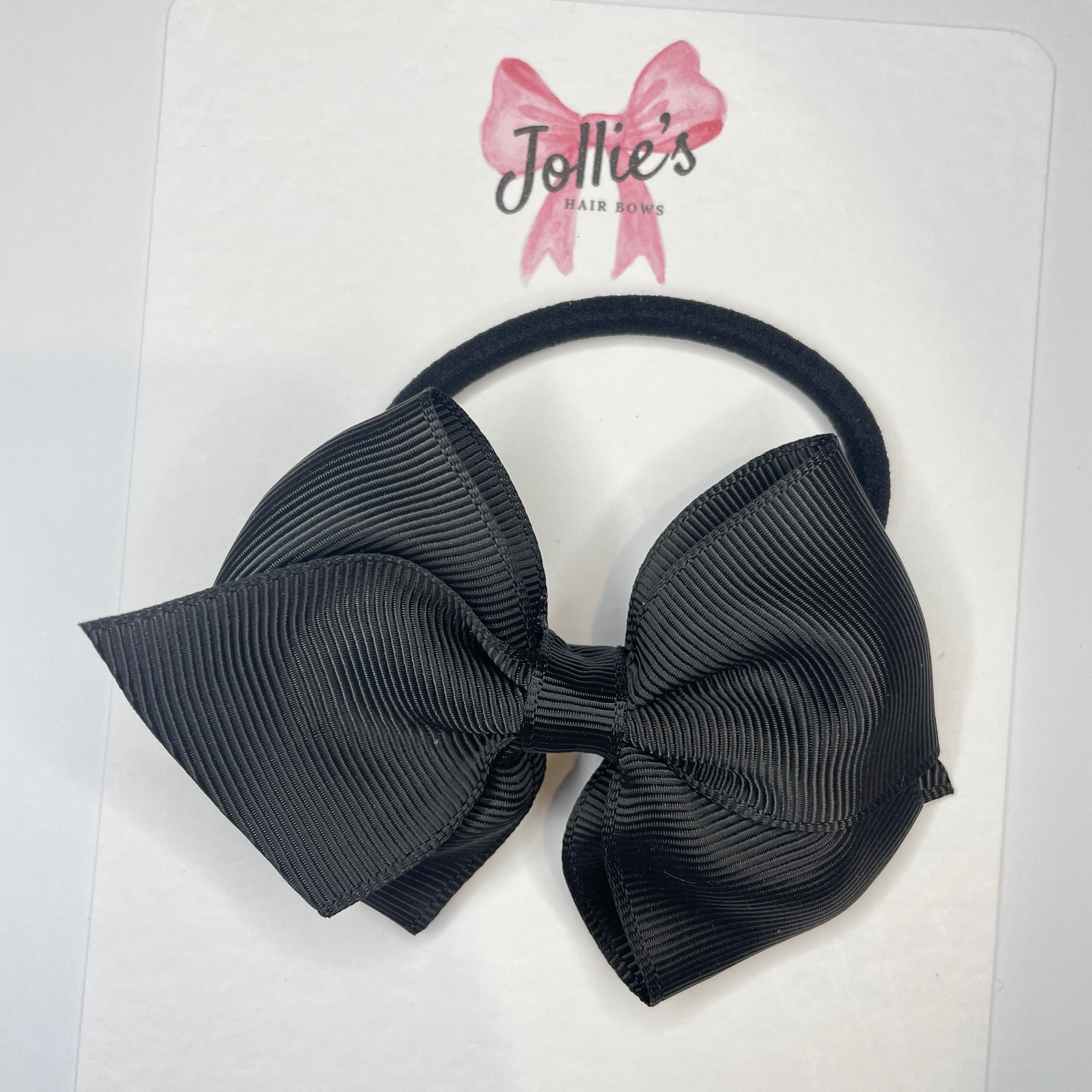 3.75" Black Flat Hair Bow – Grosgrain Ribbon with Thick Elastic Bobble