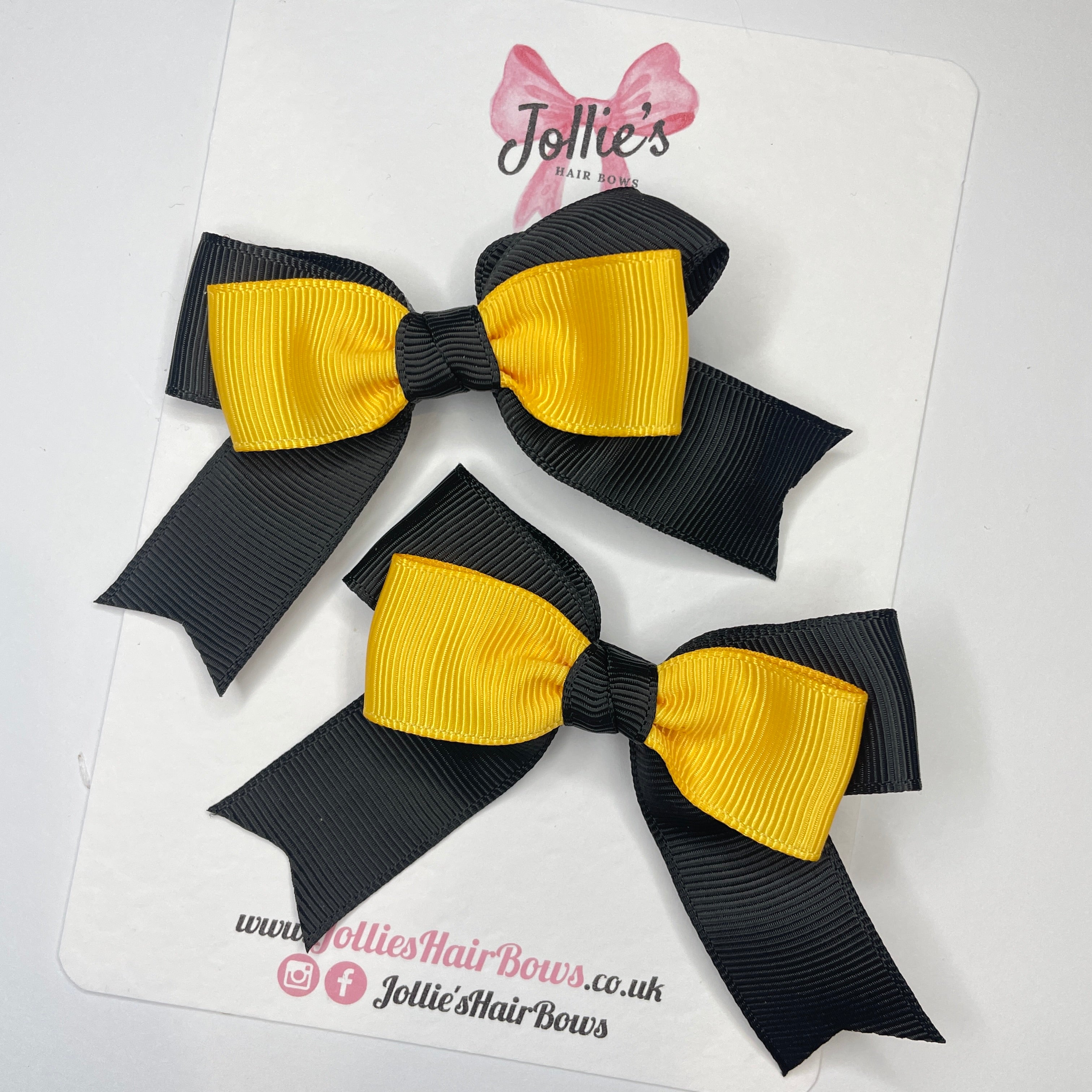 3" Black & Yellow Gold Tail School Hair Bows (Pair) – Grosgrain Ribbon with Smooth Alligator Clips