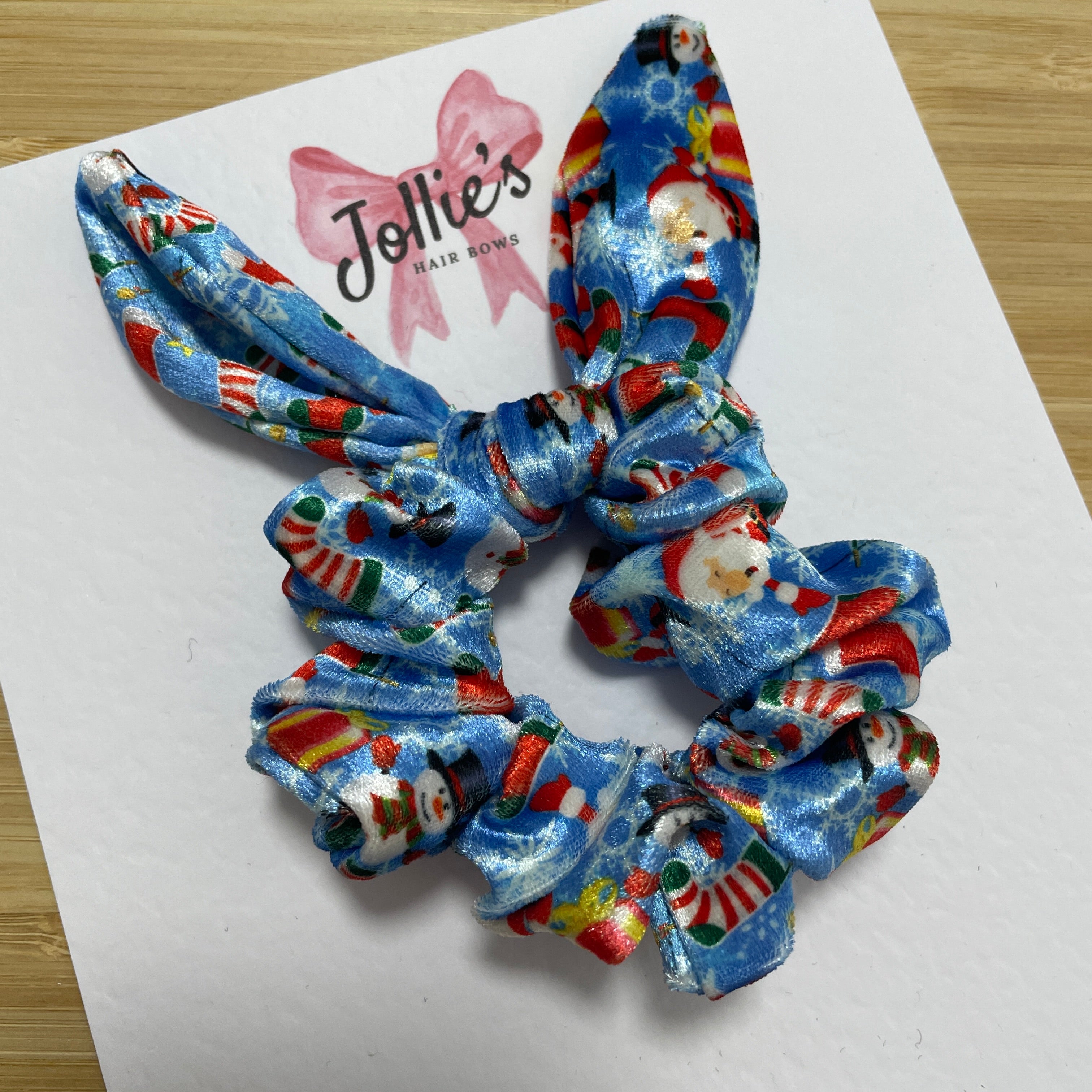 Christmas Velvet Bunny Ear Scrunchie – Santa Print