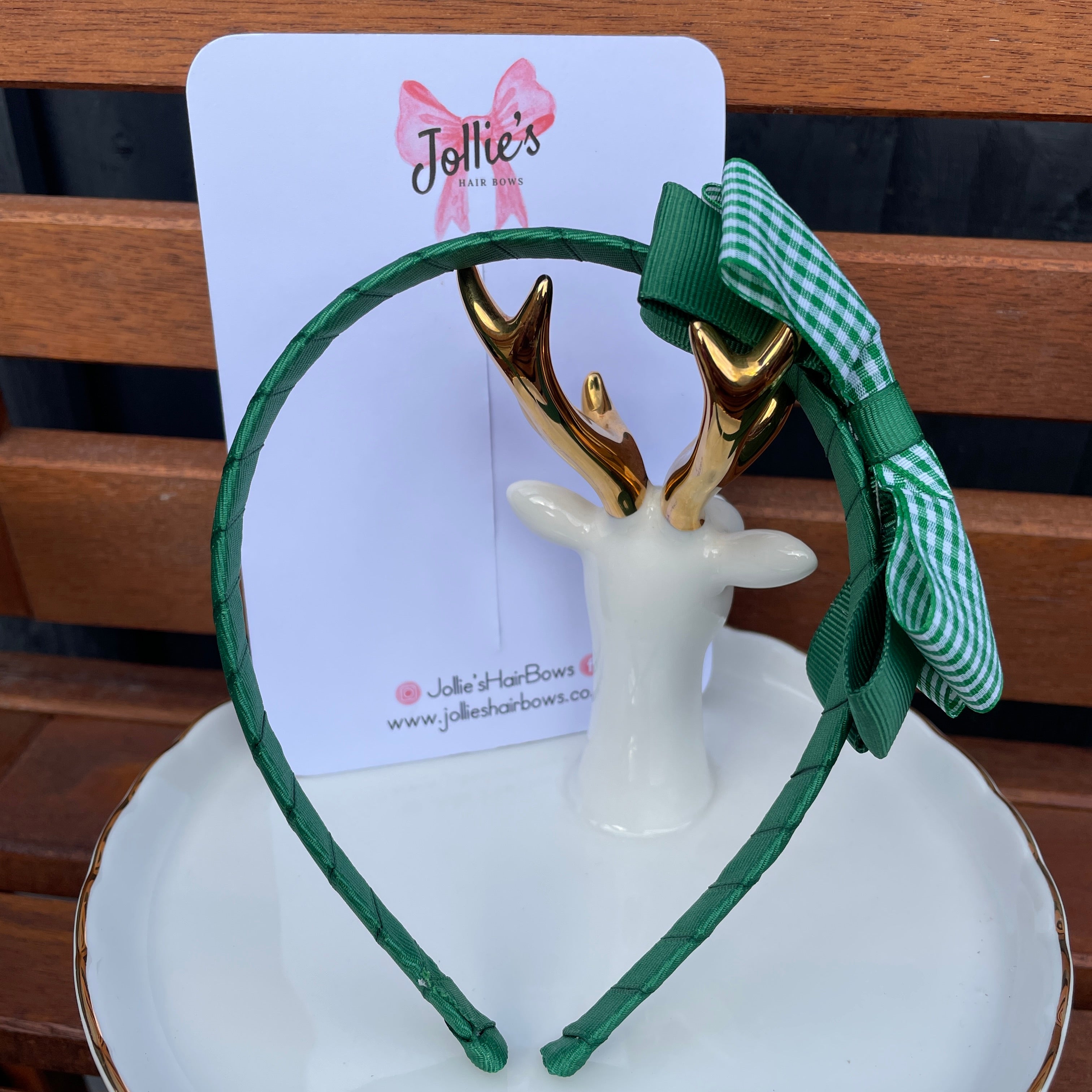 4" Flat Bow Headband – Green Gingham