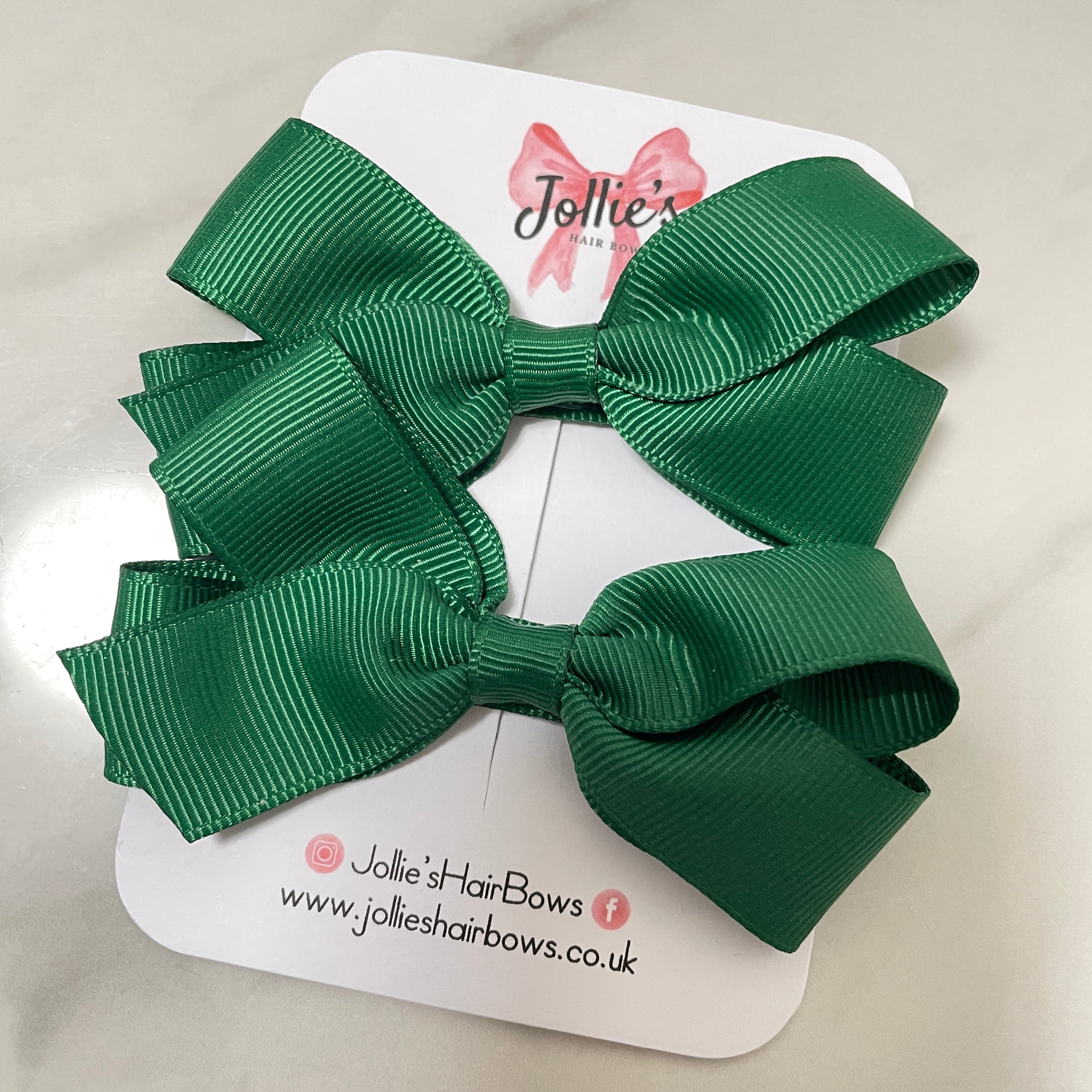 3.5" Forest Green Hair Bows with Clip (Pair) – Grosgrain Ribbon with Lined Alligator Clip