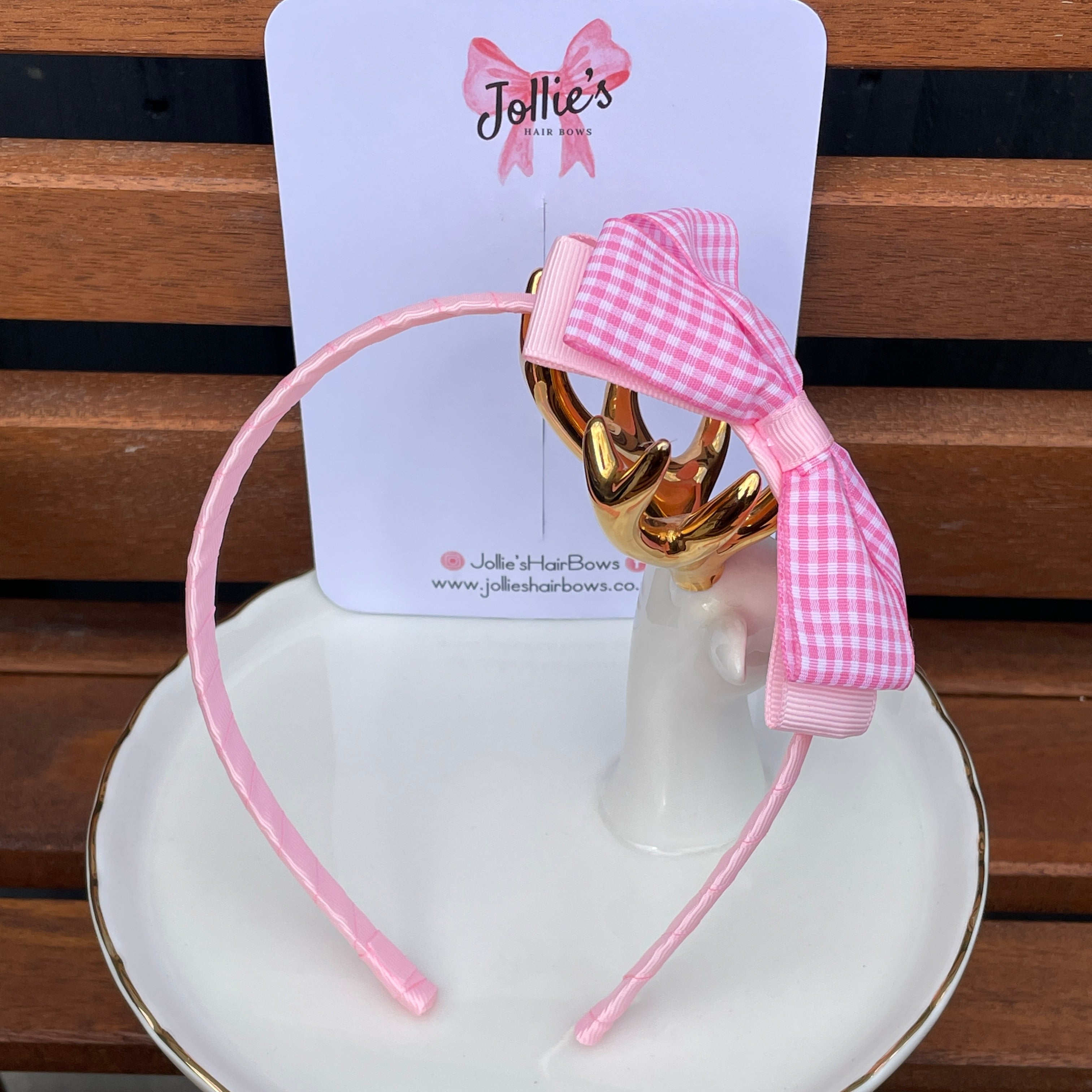 4" Flat Bow Headband – Pink Gingham