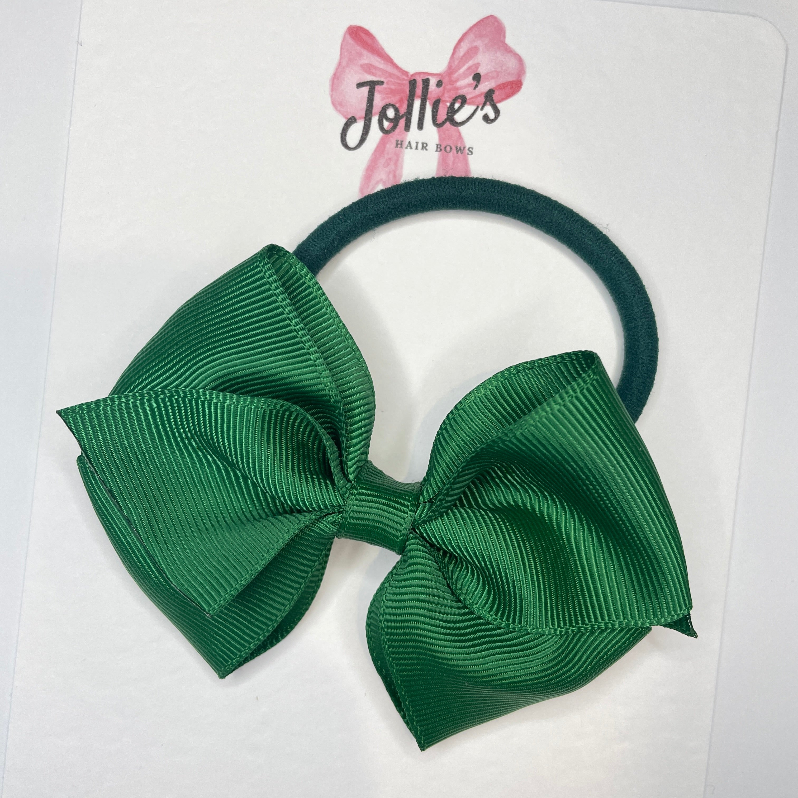 3.75" Forest Green Flat Hair Bow – Grosgrain Ribbon with Thick Elastic Bobble