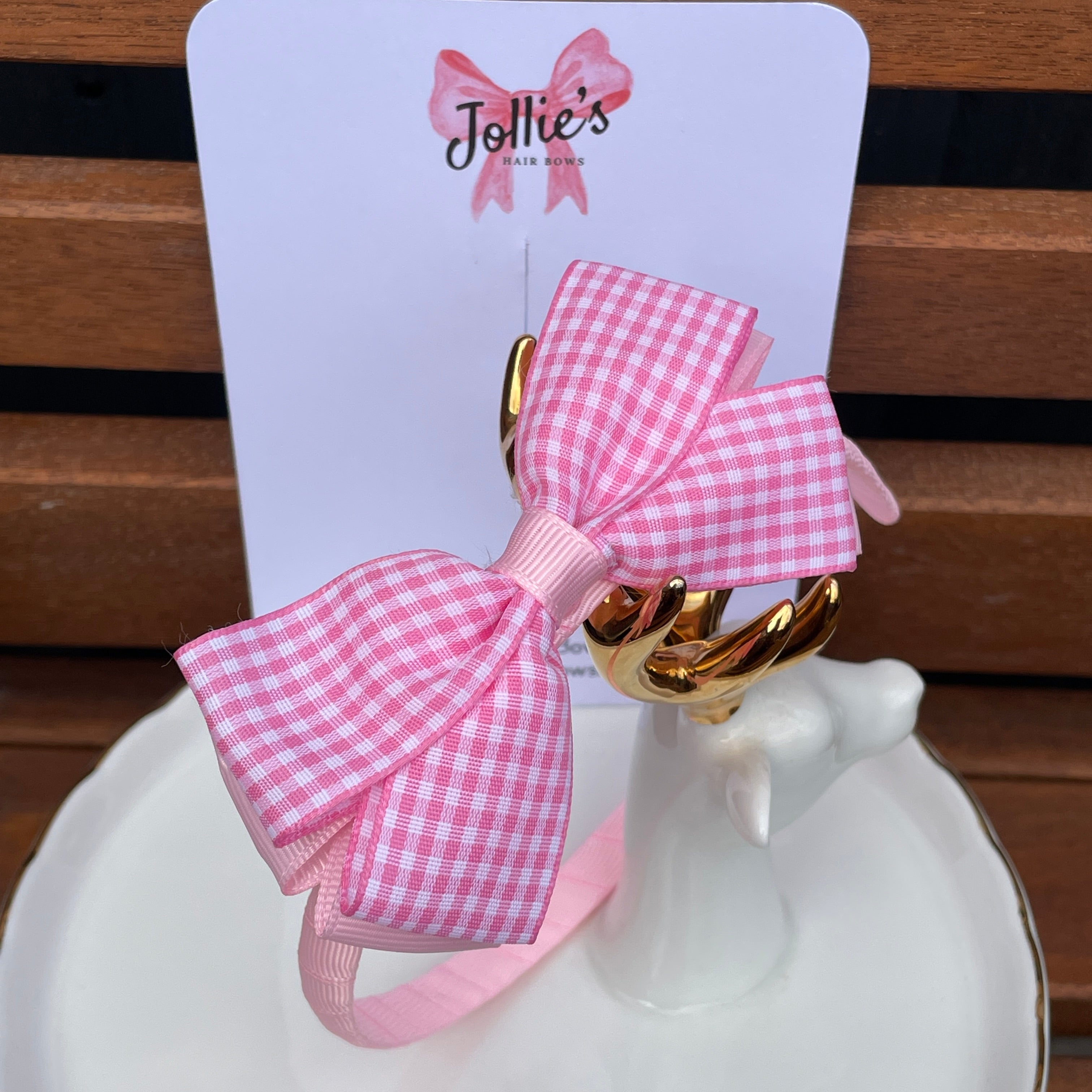 4" Flat Bow Headband – Pink Gingham