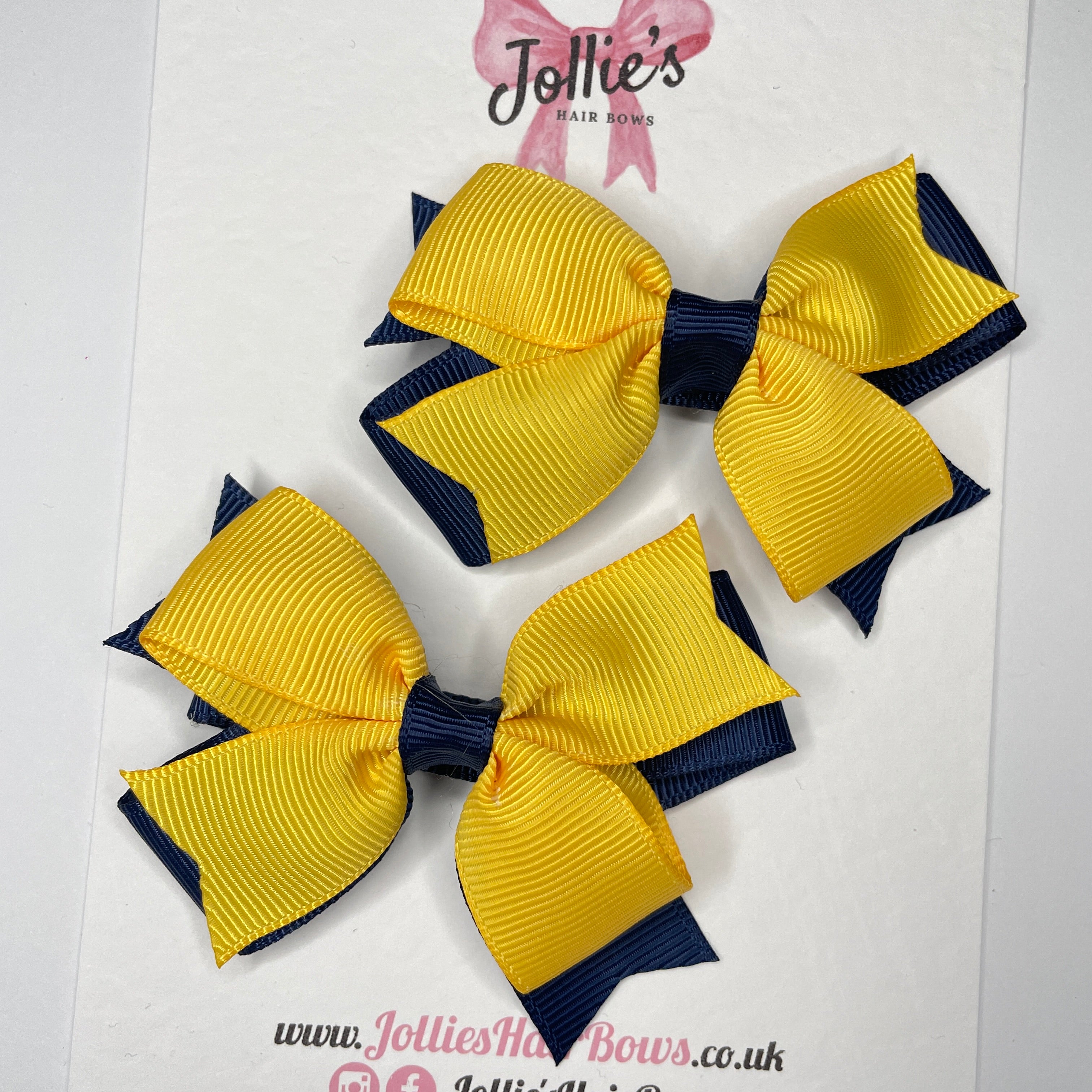 3" Double Layer Bow with Clip (Pair) – Navy & Yellow Gold