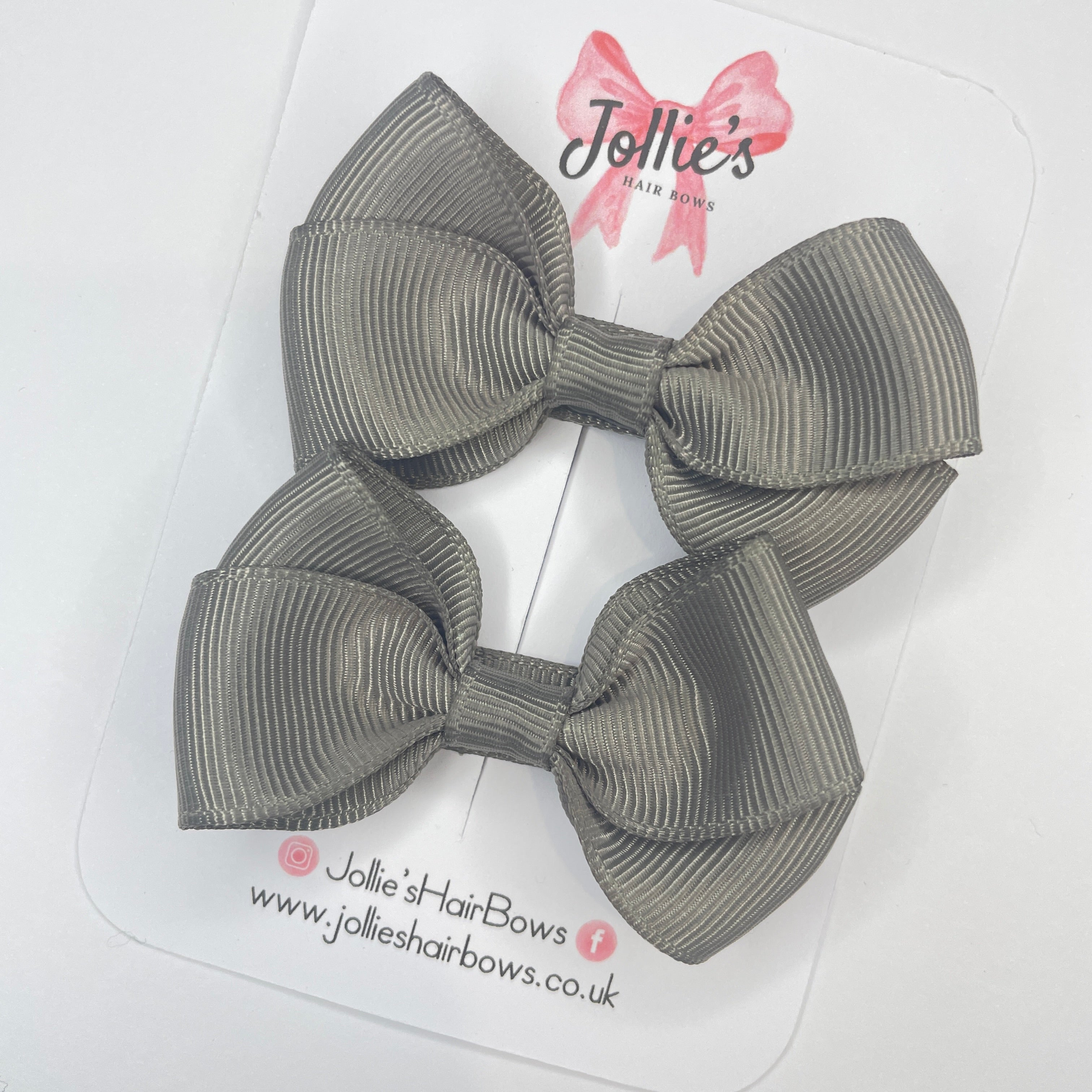 2.5" Metal Grey Classy Bow with Lined Alligator Clip – Grosgrain Ribbon Pair