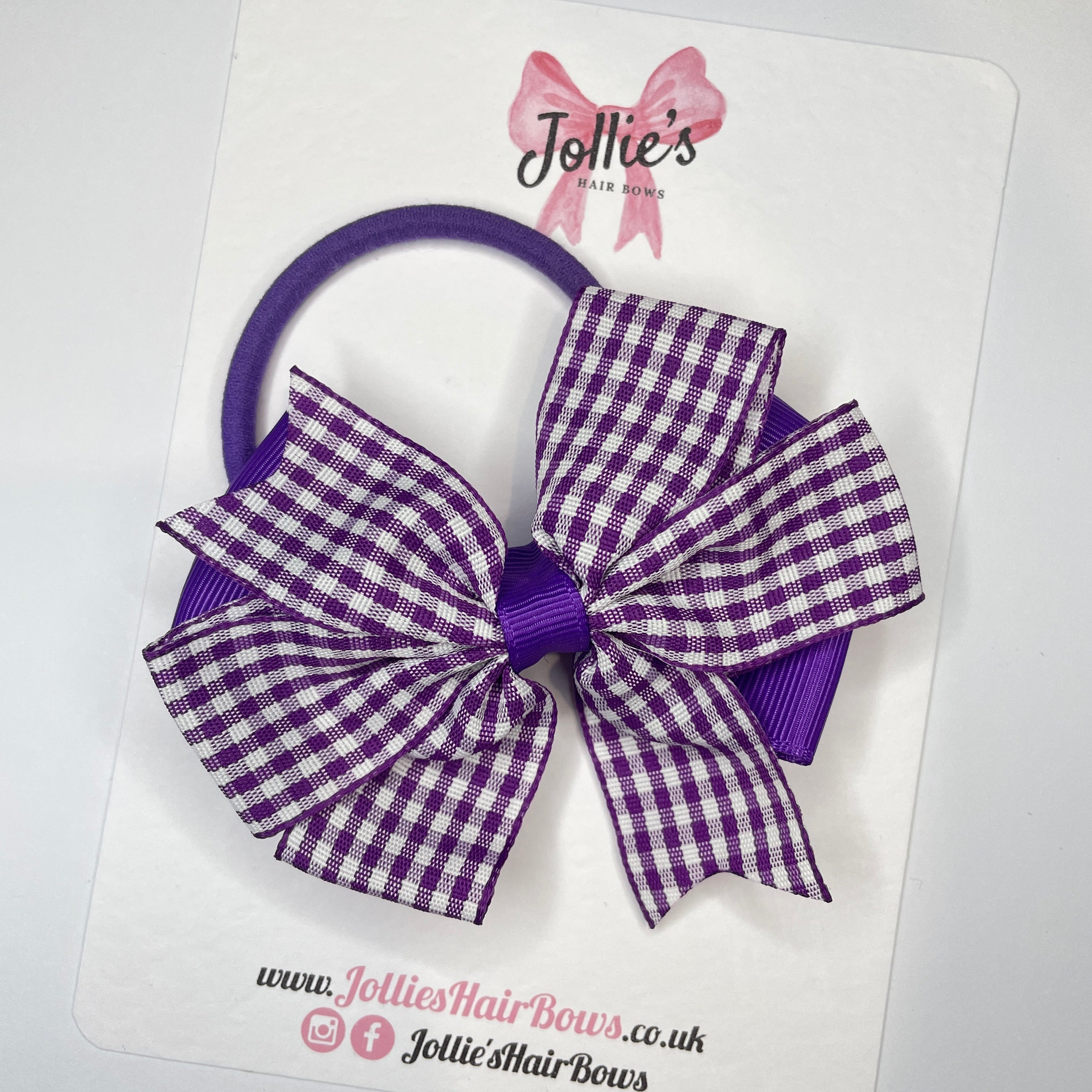 3.5" Purple Gingham Flat Double Hair Bow – Grosgrain Ribbon with Thick Elastic Bobble