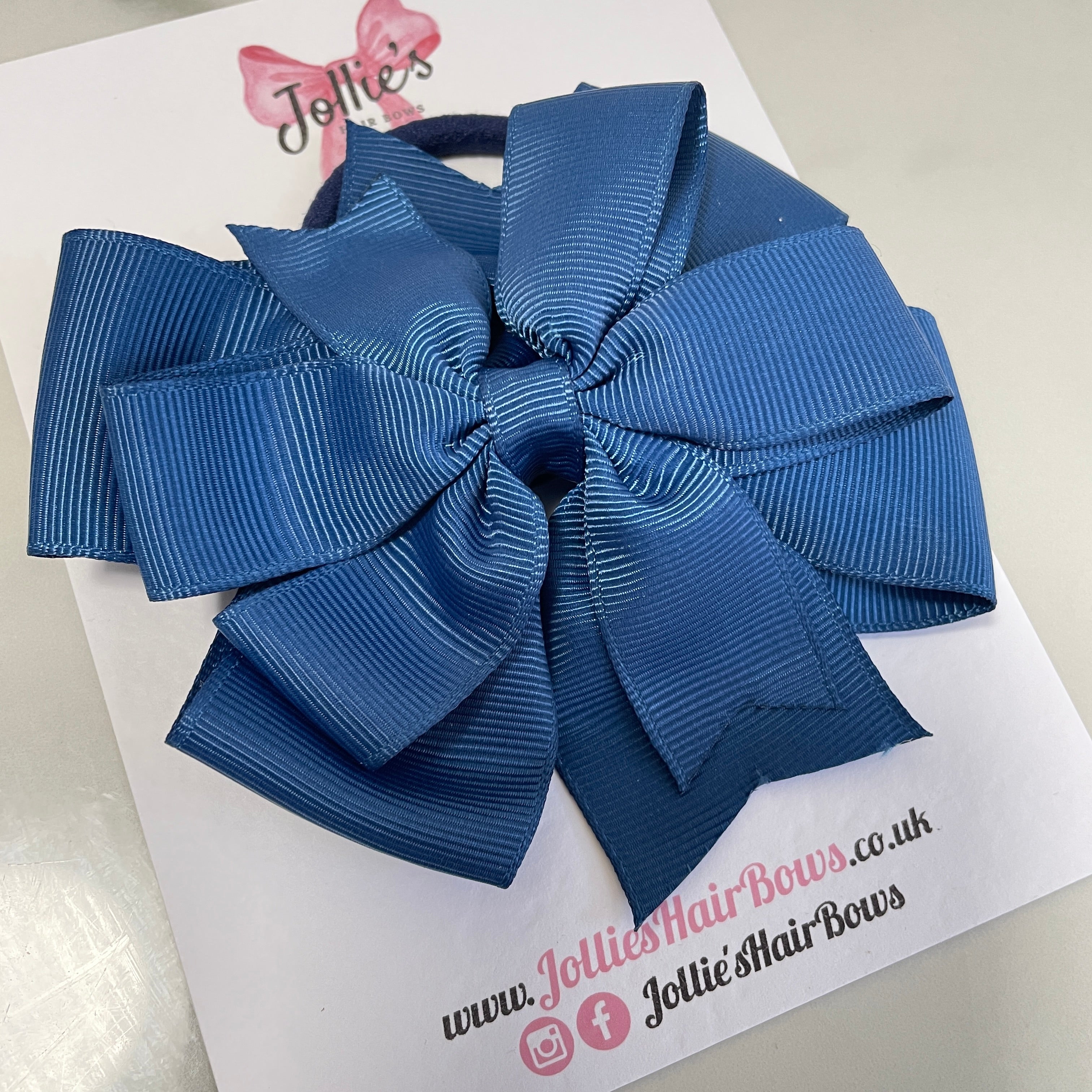 4.5" Light Navy Double Layer Pinwheel Hair Bow – Grosgrain Ribbon with Thick Elastic Bobble