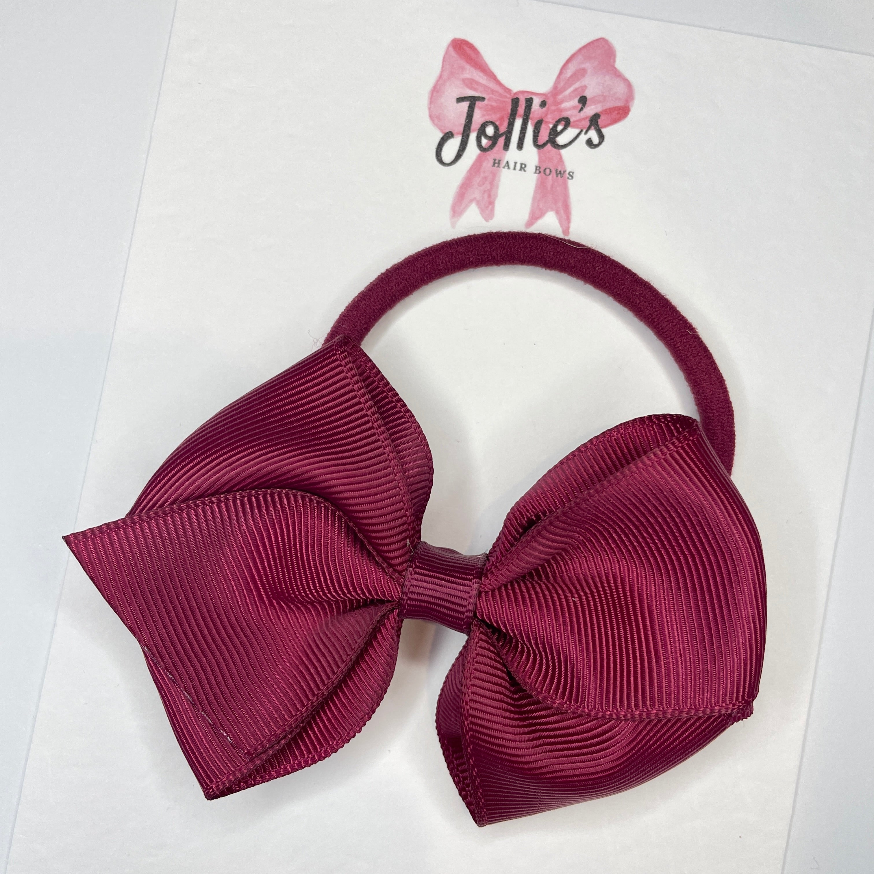 3.75" Wine Flat Hair Bow – Grosgrain Ribbon with Thick Elastic Bobble