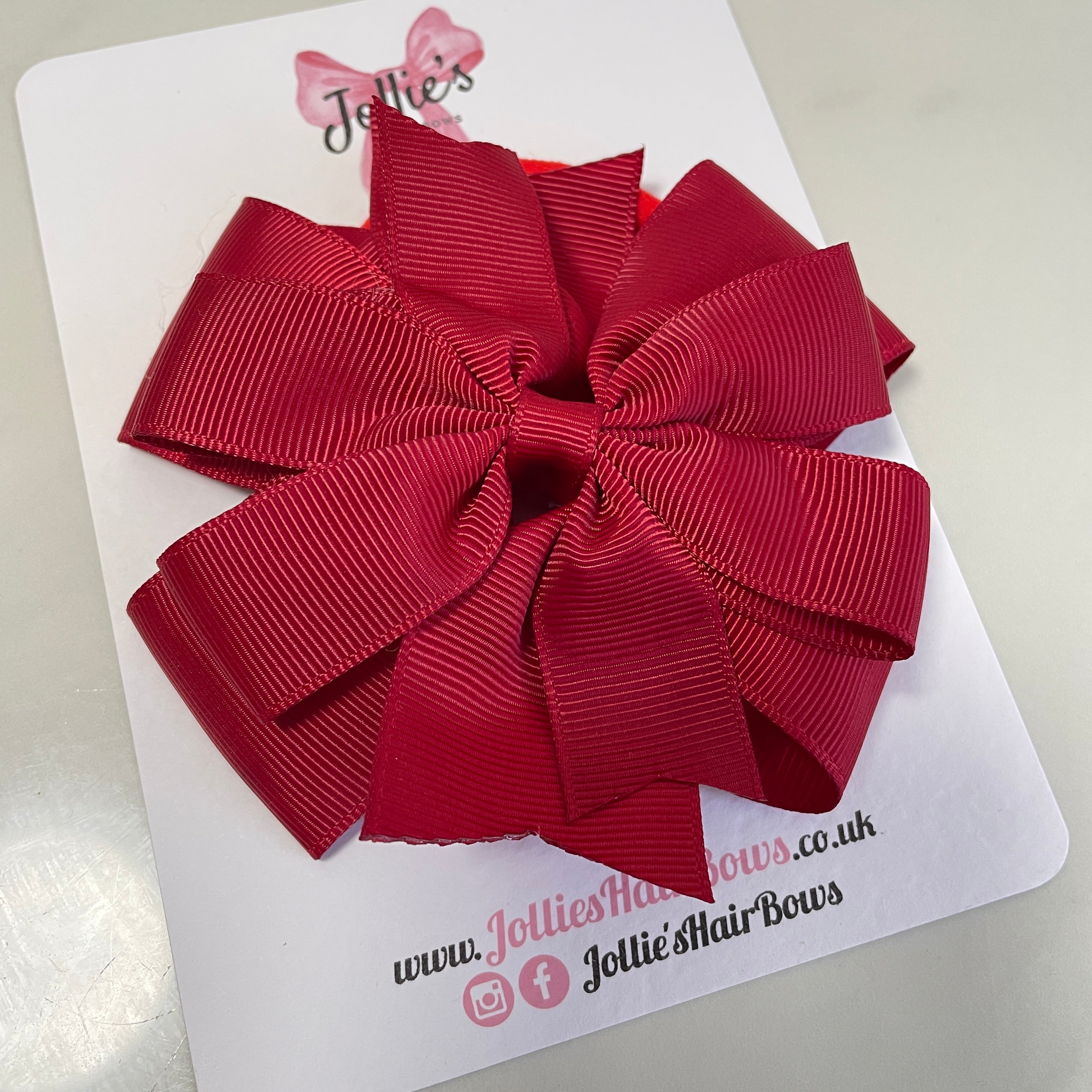 4.5" Scarlet Red Double Layer Pinwheel Hair Bow – Grosgrain Ribbon with Thick Elastic Bobble