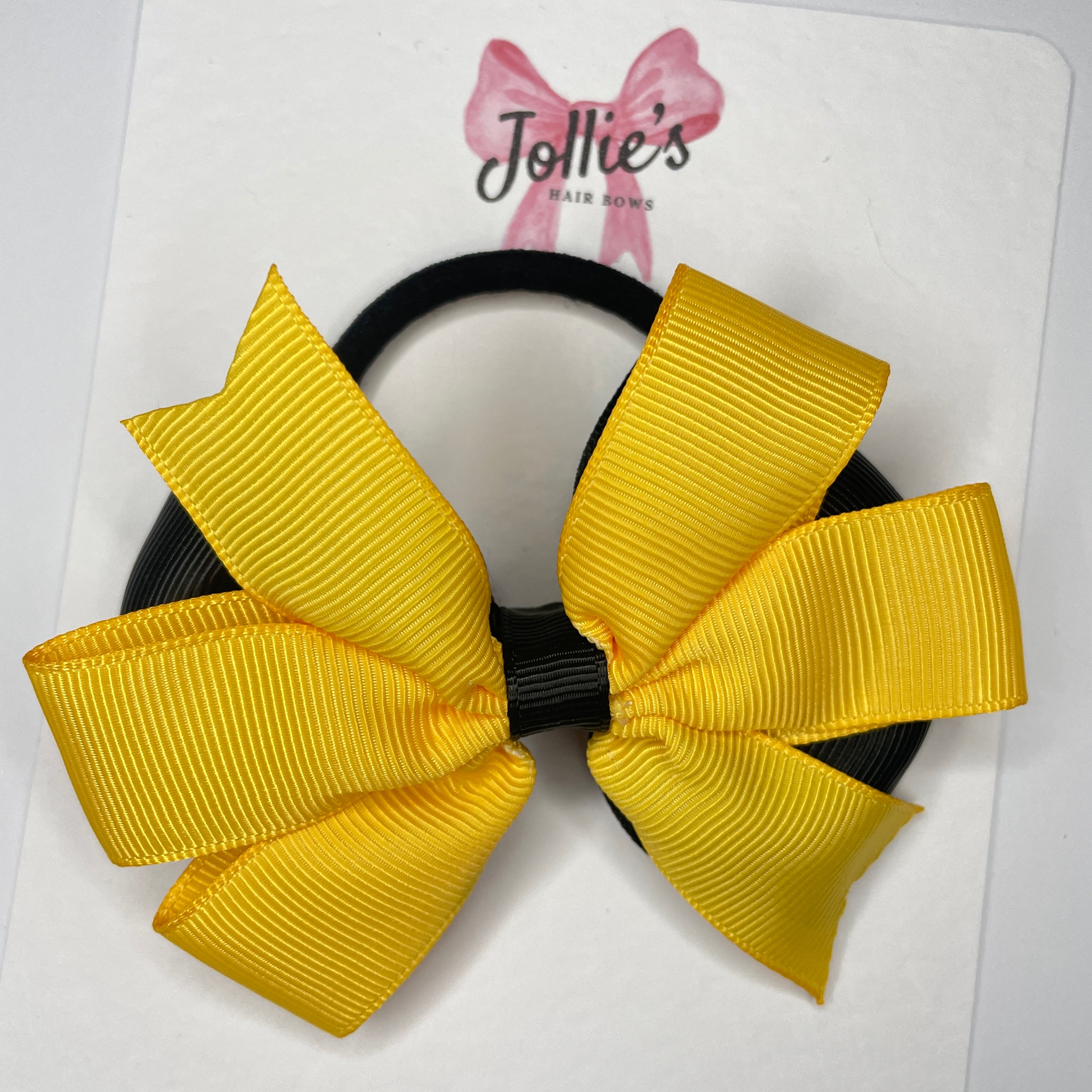 3.5" Black & Yellow Gold Flat Double Hair Bow – Thick Elastic Bobble