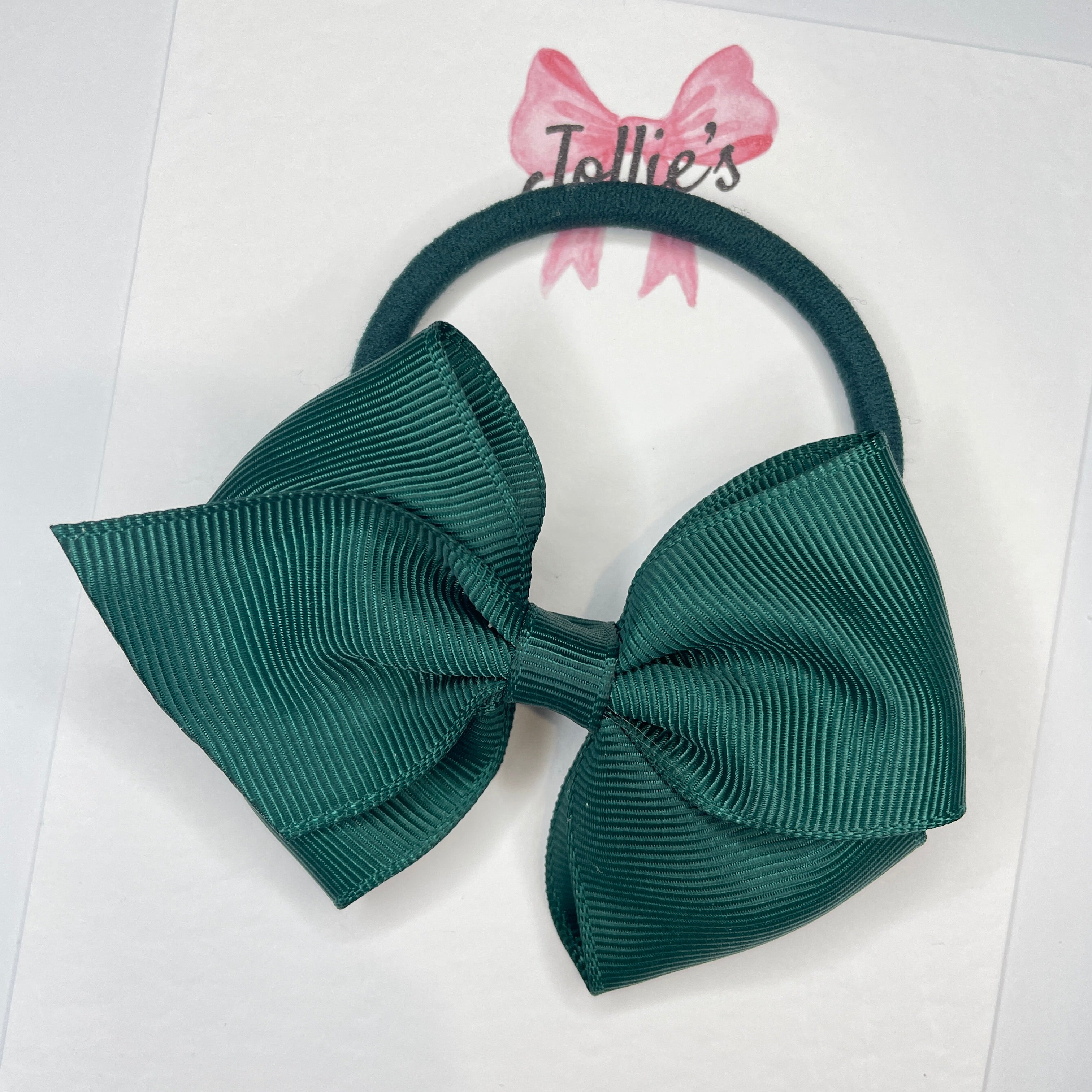 3.75" Spruce Flat Hair Bow – Grosgrain Ribbon with Thick Elastic Bobble