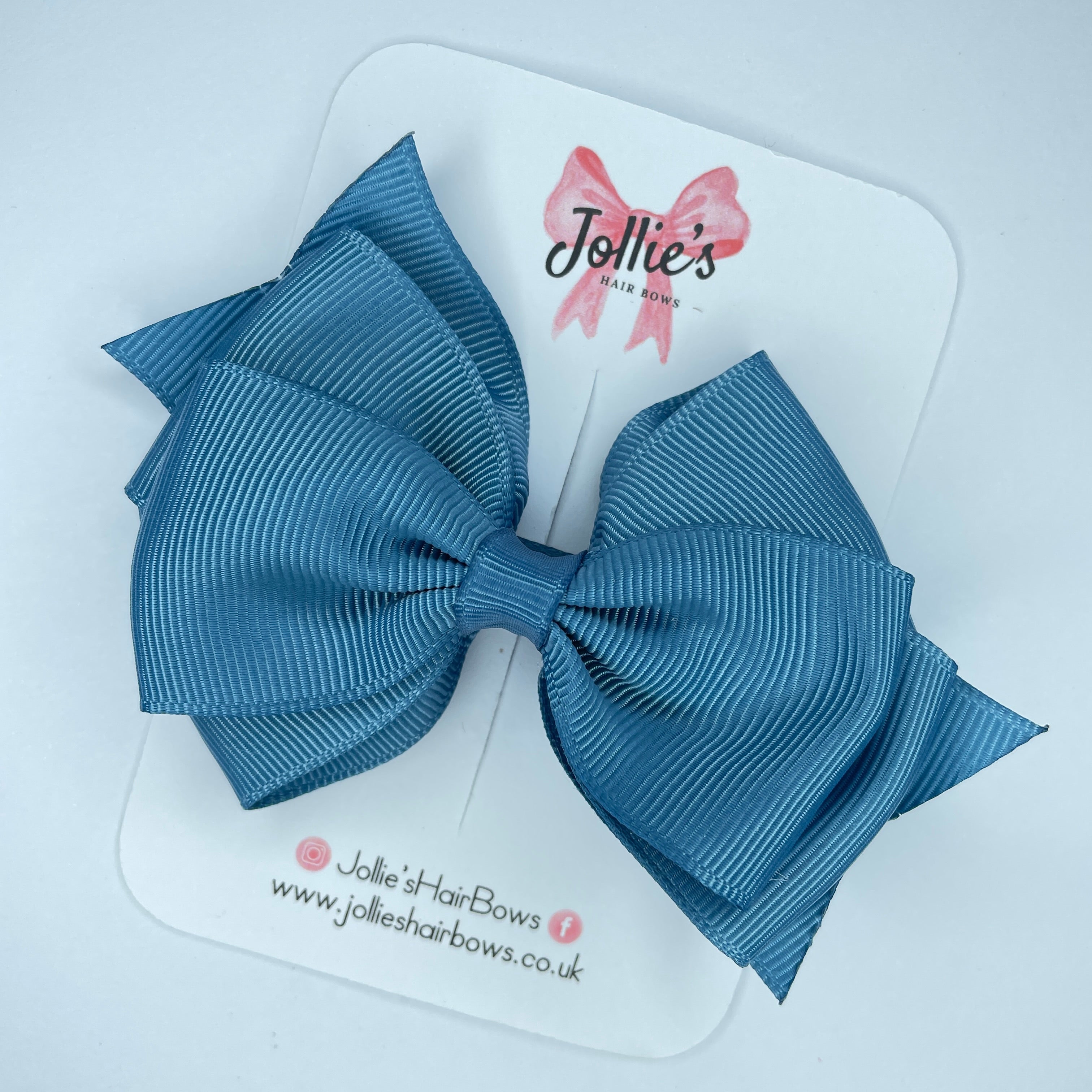 4" Antique Blue Triple Layer Hair Bow – Grosgrain Ribbon with Lined Alligator Clip