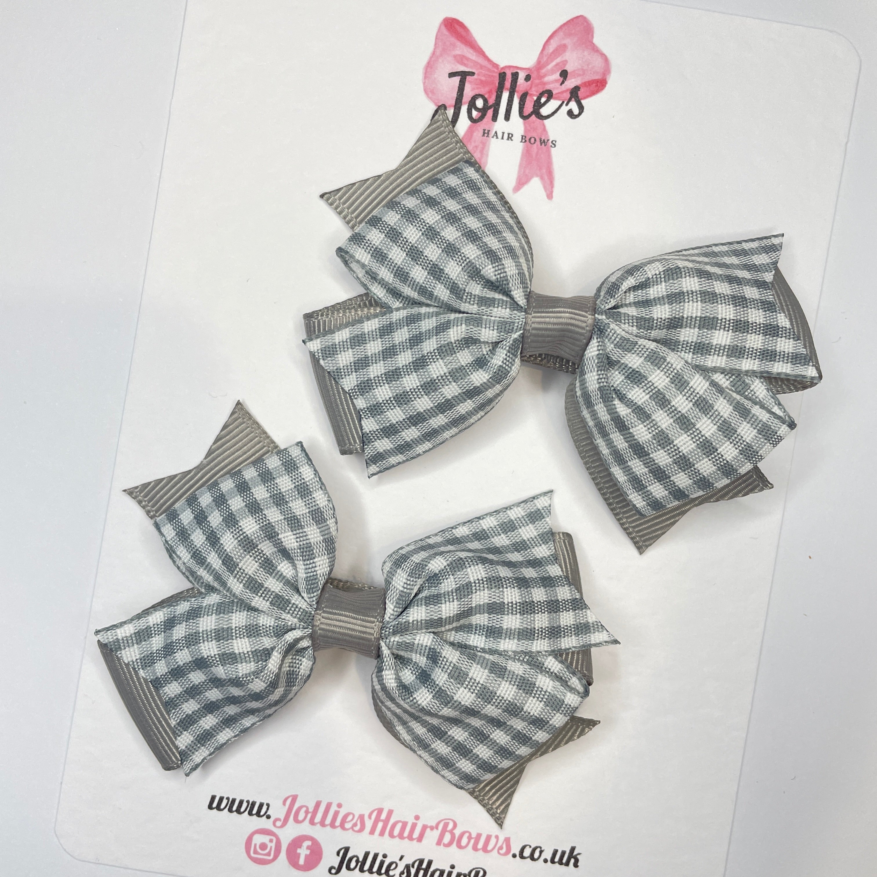 3" Double Layer Bow with Clip (Pair) – Silver Gingham