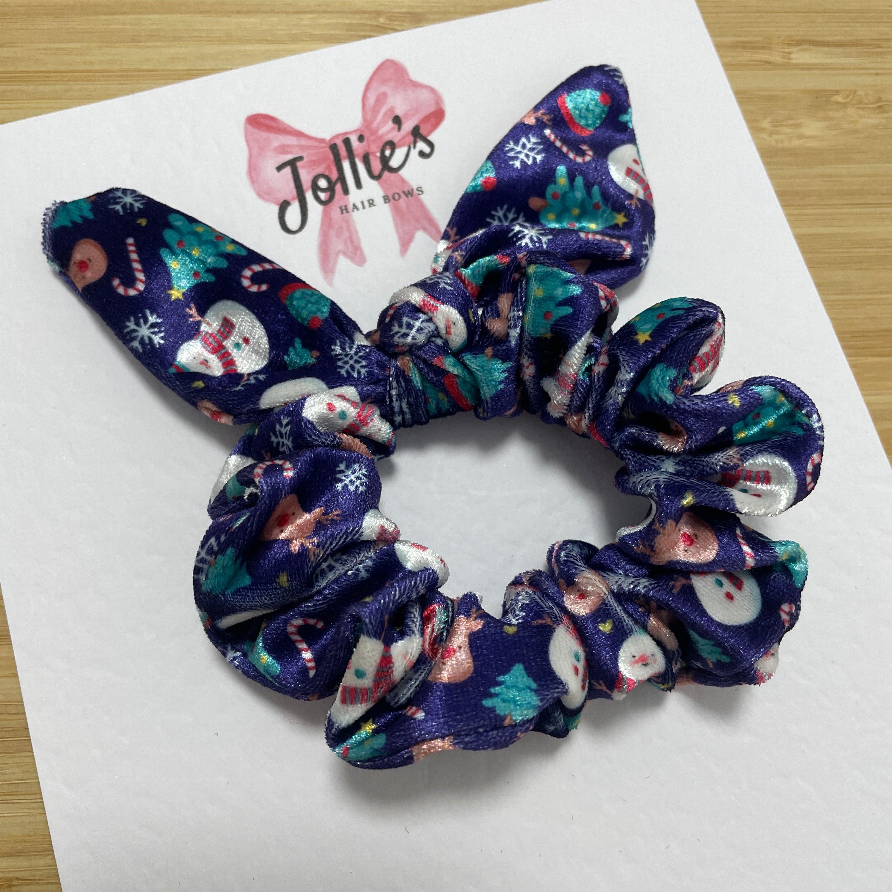 Christmas Velvet Bunny Ear Scrunchie – Snowman and Deer