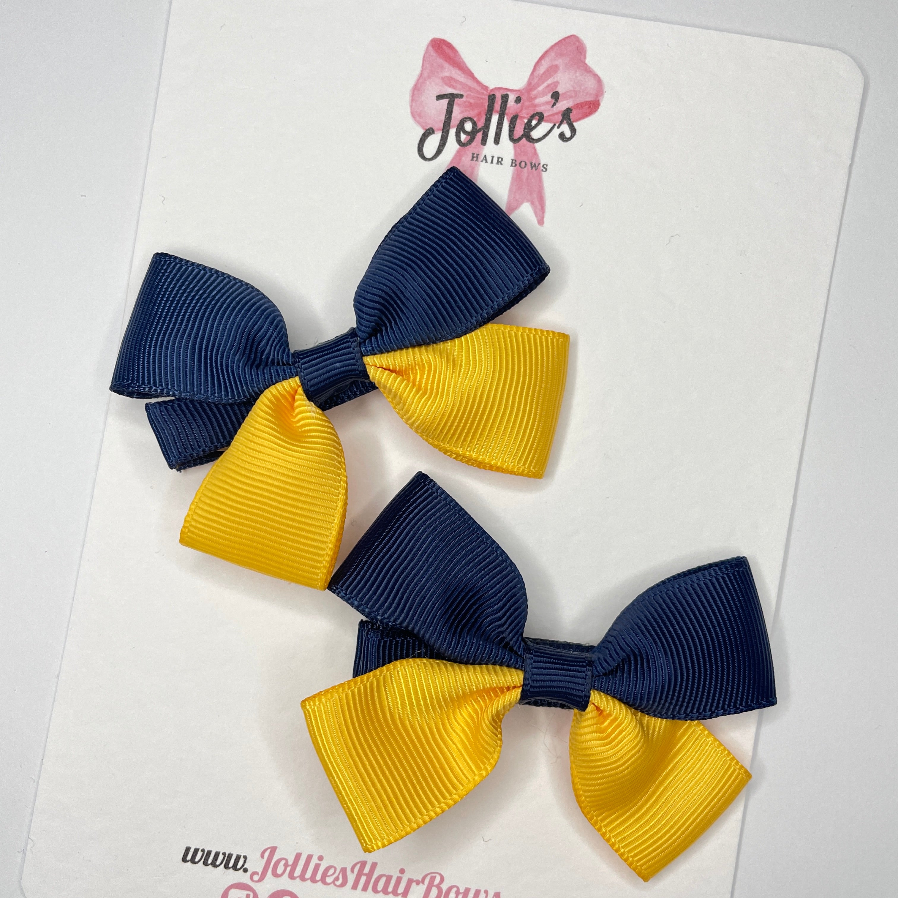 2.5" Navy & Yellow Gold Hair Bows (Pair) β Grosgrain Ribbon with Alligator Clips