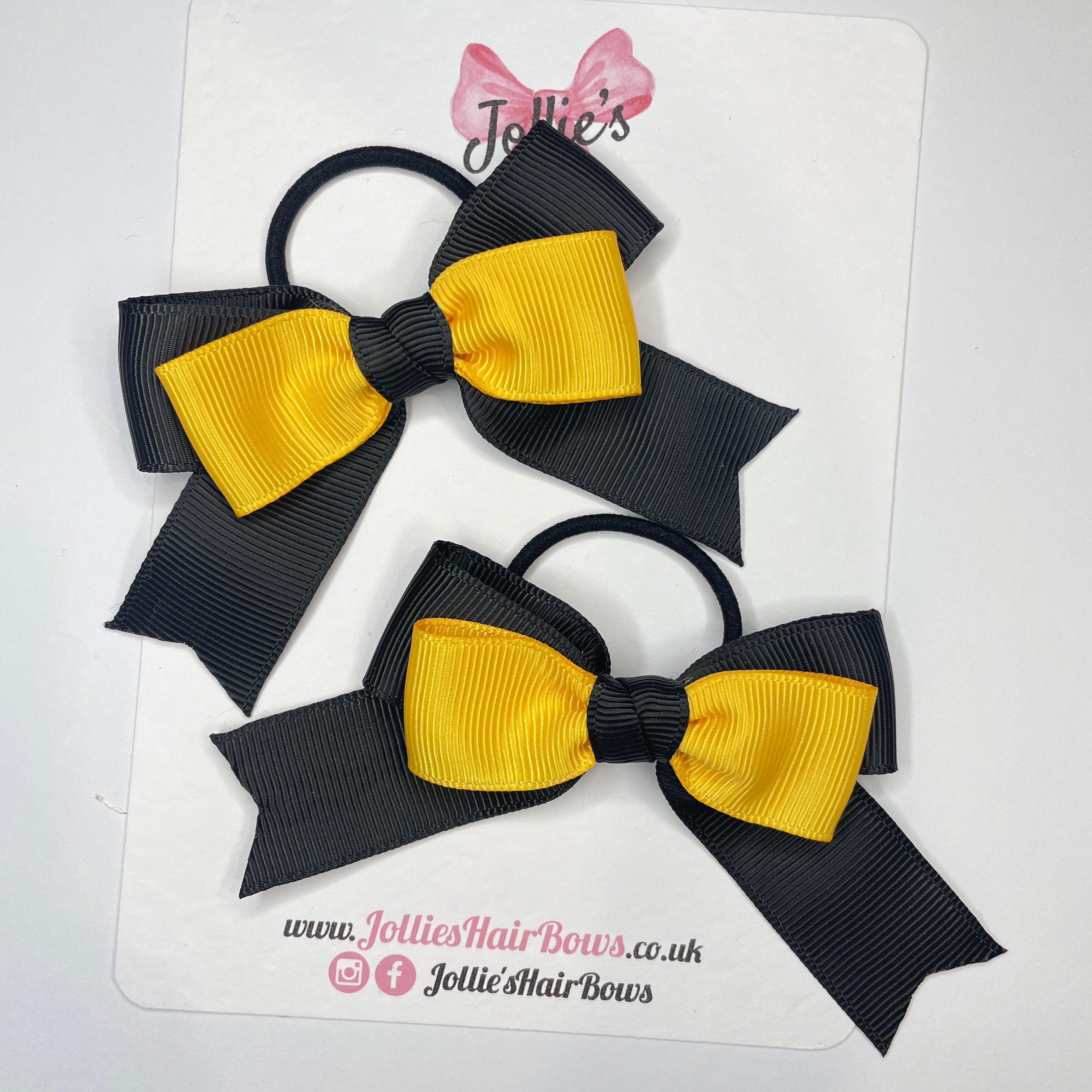 3" Black & Yellow Gold Tail School Hair Bows (Pair) β Grosgrain Ribbon with Thin Elastic Bobbles