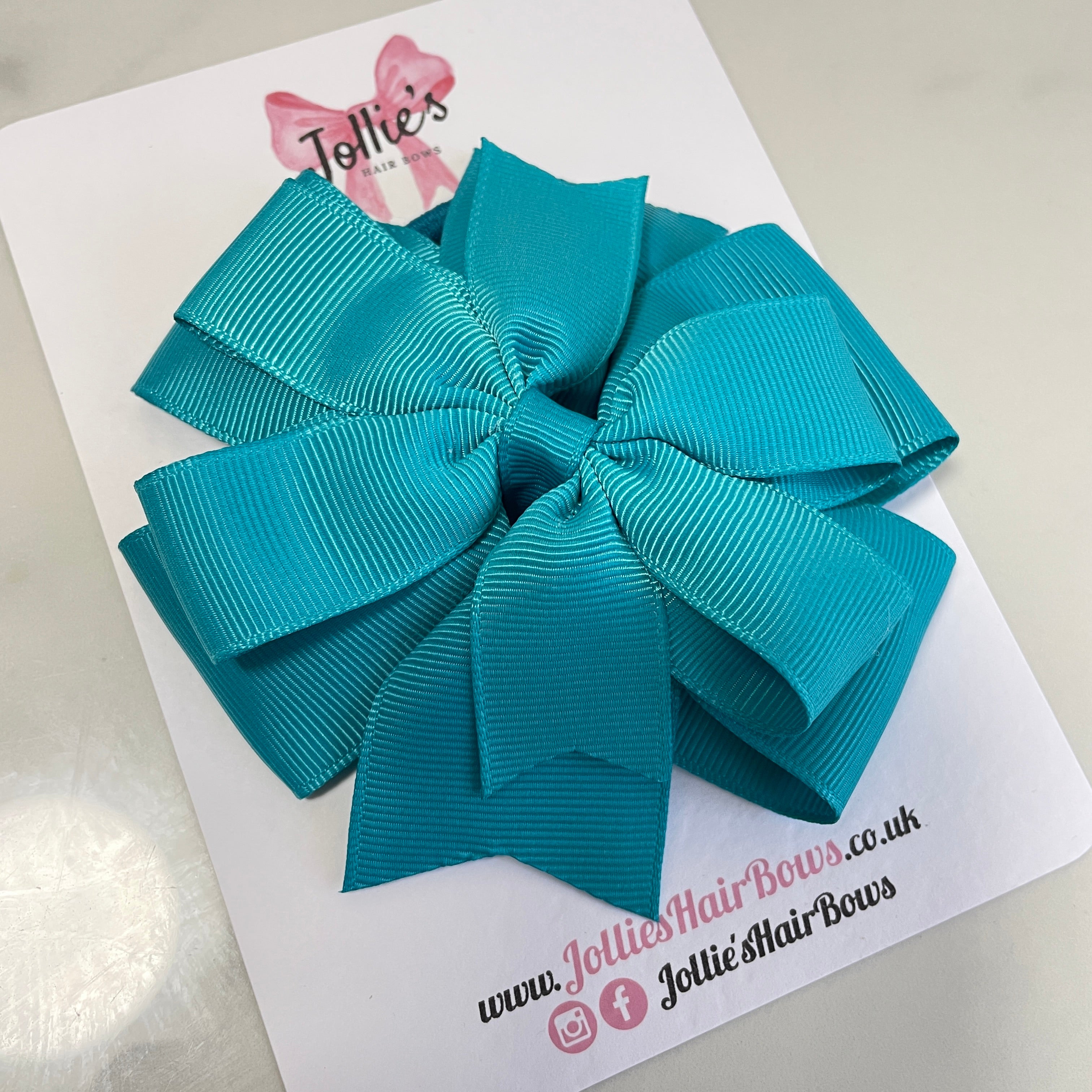 4.5" Tornado Blue Double Layer Pinwheel Hair Bow – Grosgrain Ribbon with Thick Elastic Bobble