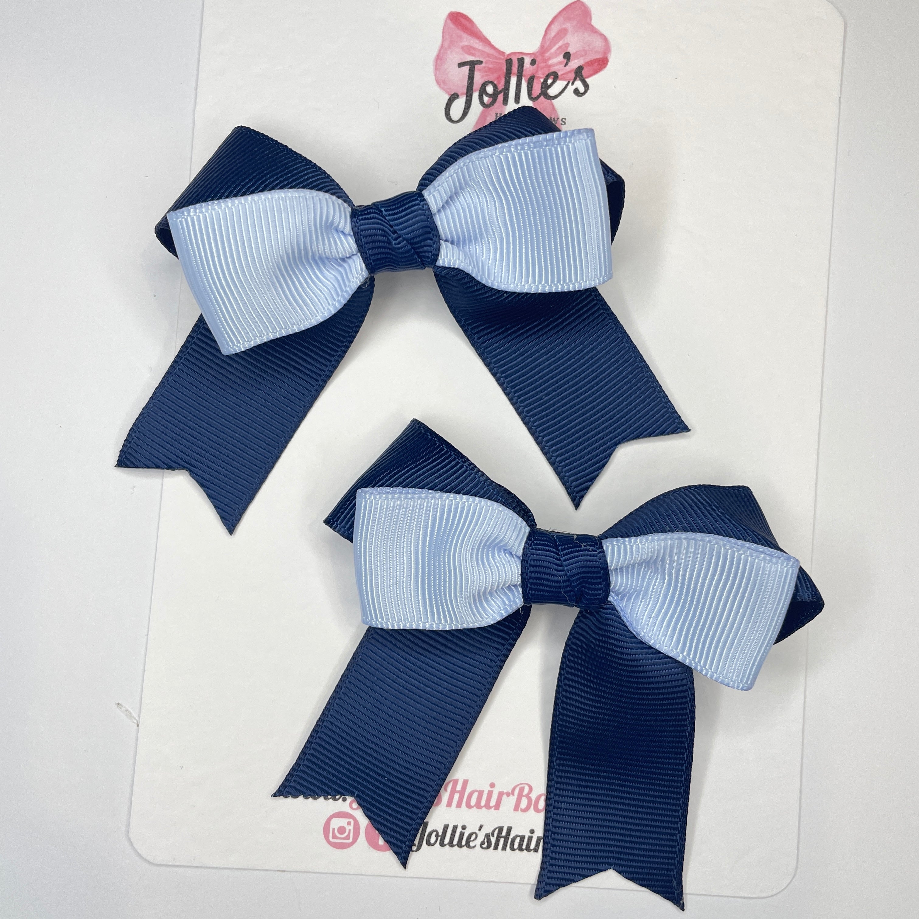3" Navy & Bluebell Tail School Hair Bows (Pair) – Grosgrain Ribbon with Smooth Alligator Clips