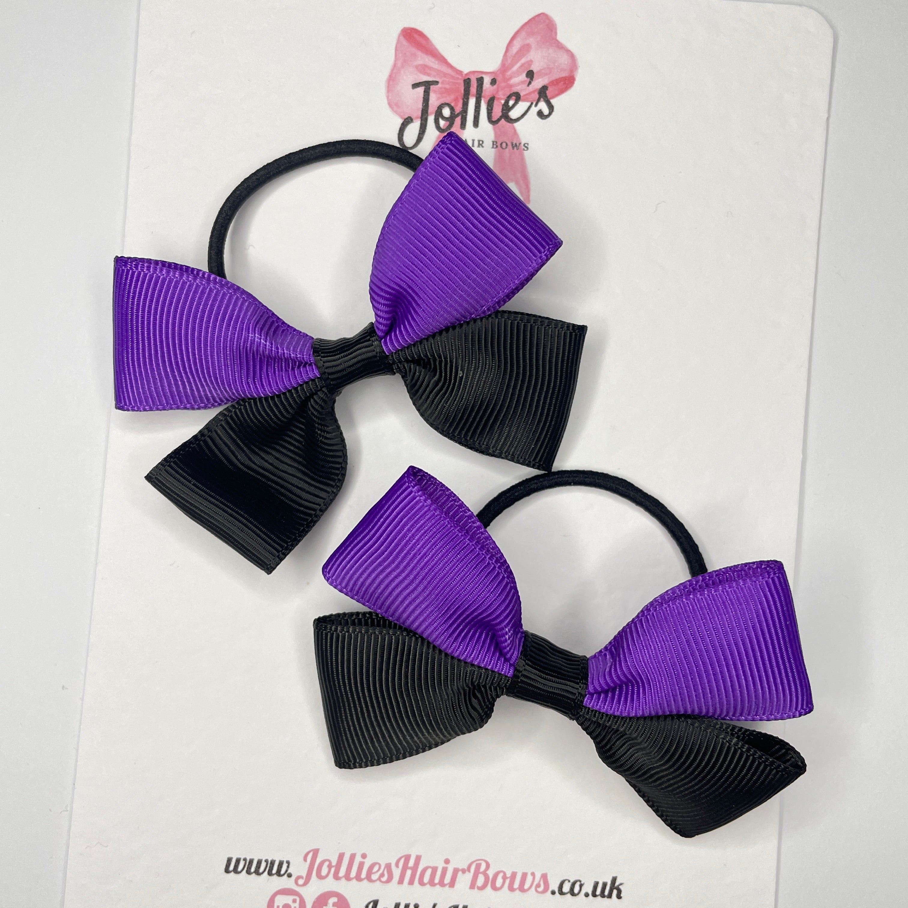 2.5" Black & Purple Hair Bows (Pair) β Grosgrain Ribbon with Thin Elastic