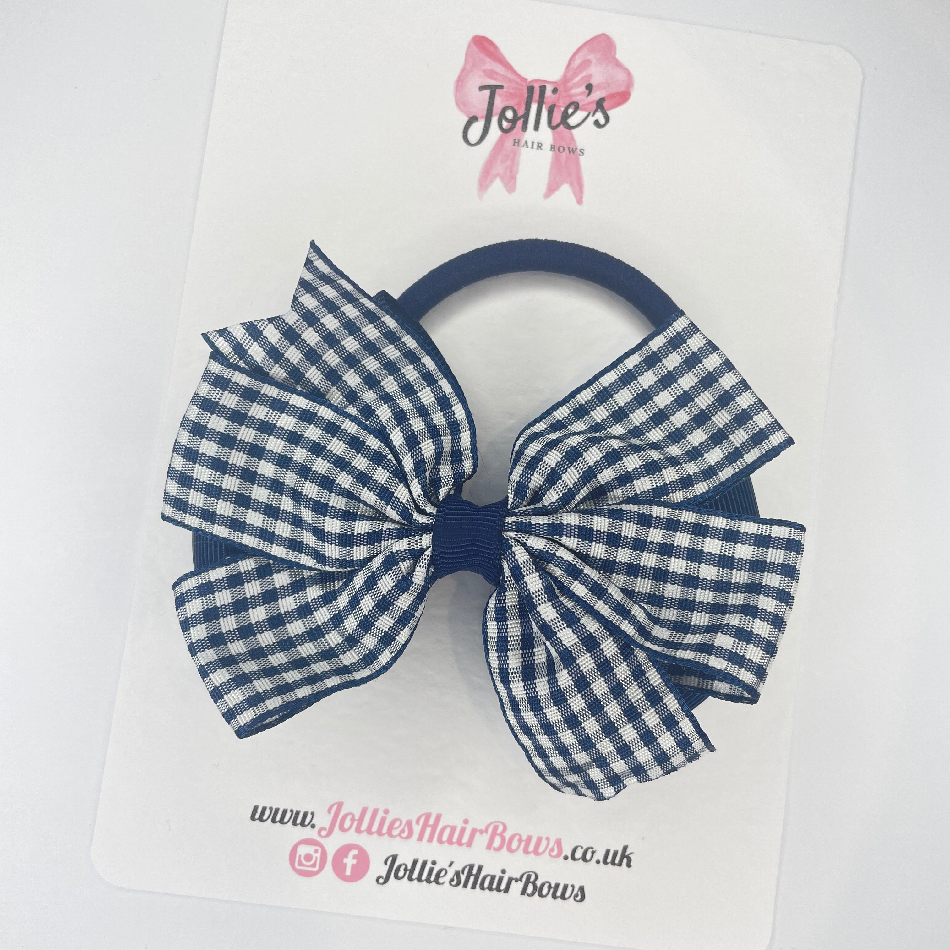 3.5" Navy Gingham Flat Double Hair Bow – Grosgrain Ribbon with Thick Elastic Bobble