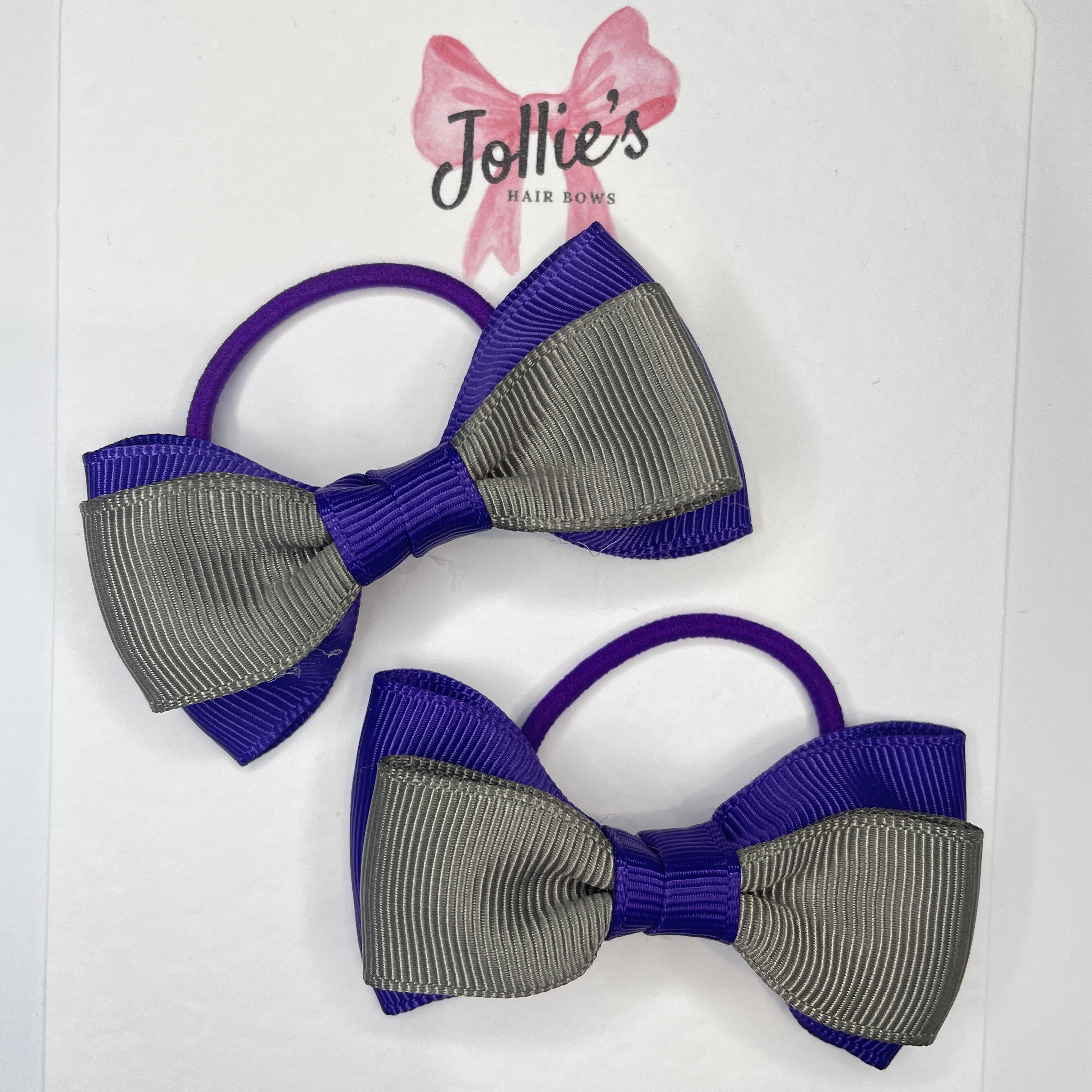 3" Regal Purple & Metal Grey School Hair Bows (Pair) – Grosgrain Ribbon with Thin Elastic Bobbles