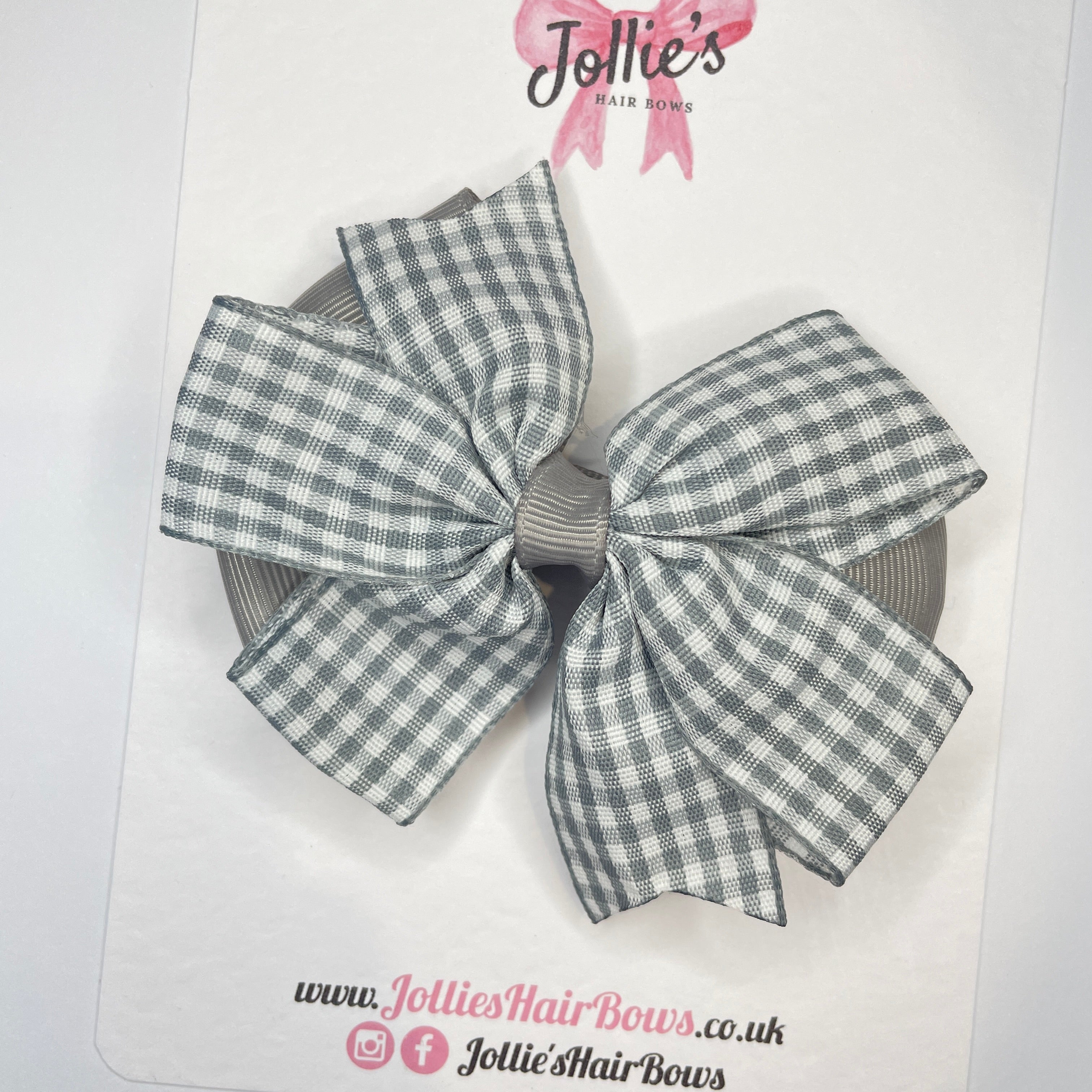 3.5" Silver Gingham Flat Double Hair Bow – Alligator Clip