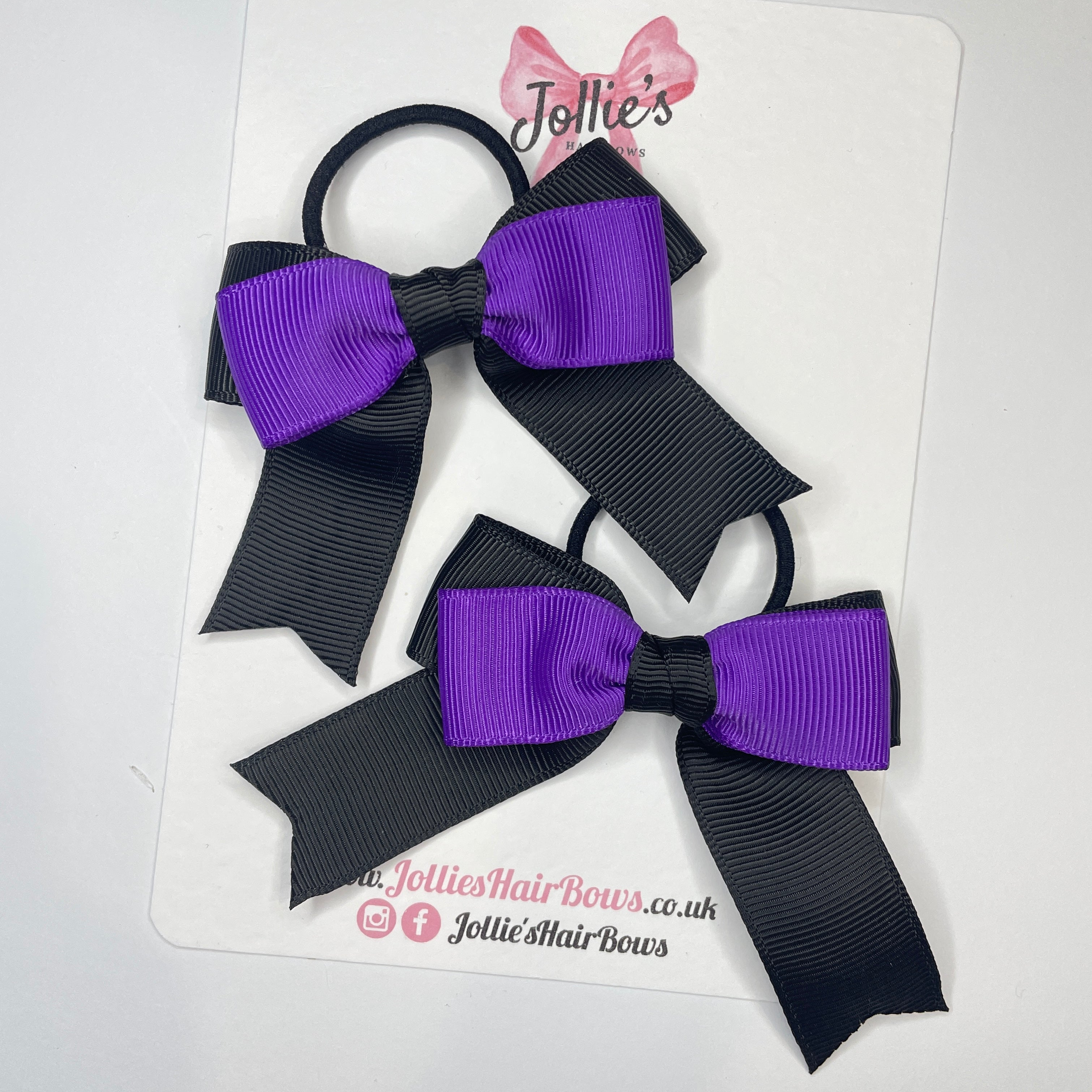 3" Black & Purple Tail School Hair Bows (Pair) – Grosgrain Ribbon with Thin Elastic Bobbles