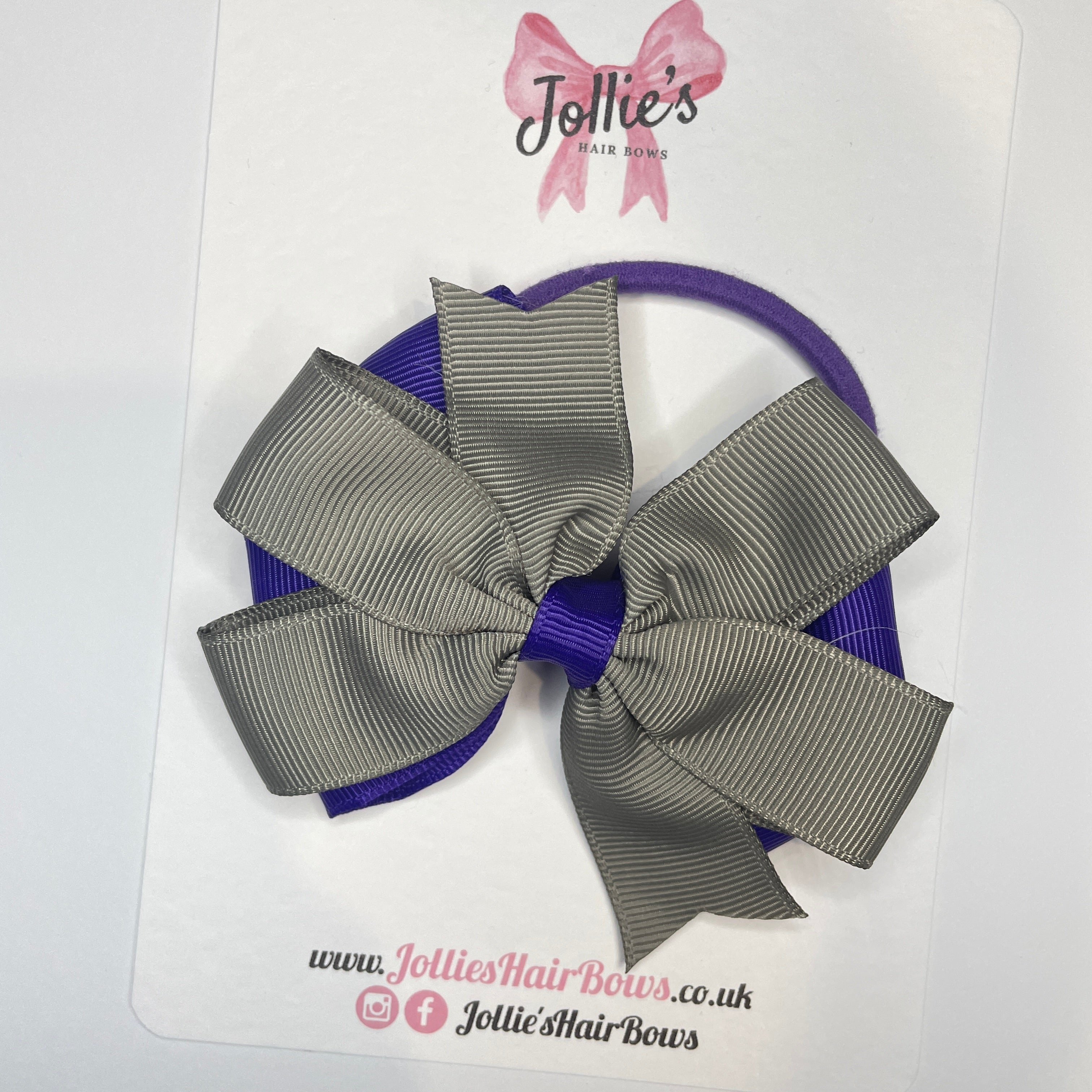3.5" Regal Purple & Metal Grey Flat Double Hair Bow – Thick Elastic Bobble