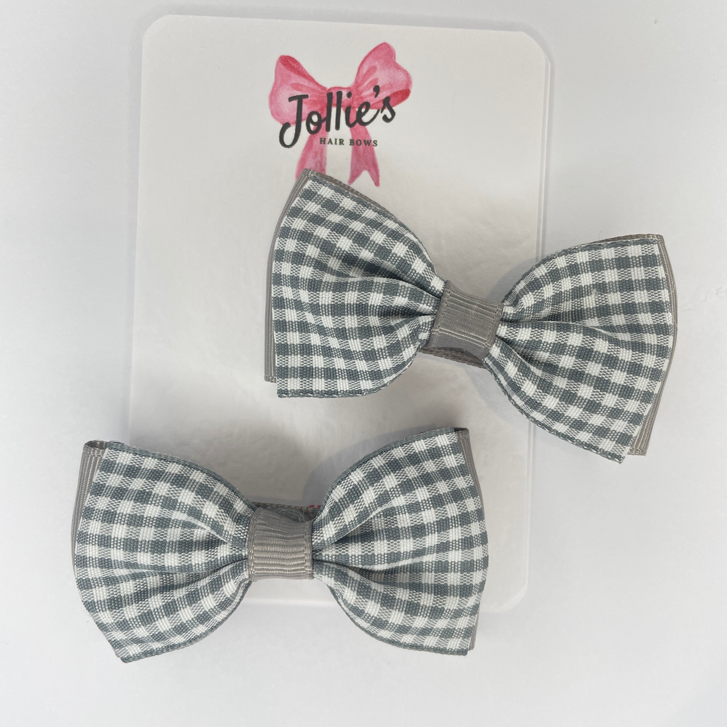 3" Silver Gingham Flat Double Hair Bows (Pair) β Grosgrain Ribbon with Lined Alligator Clips