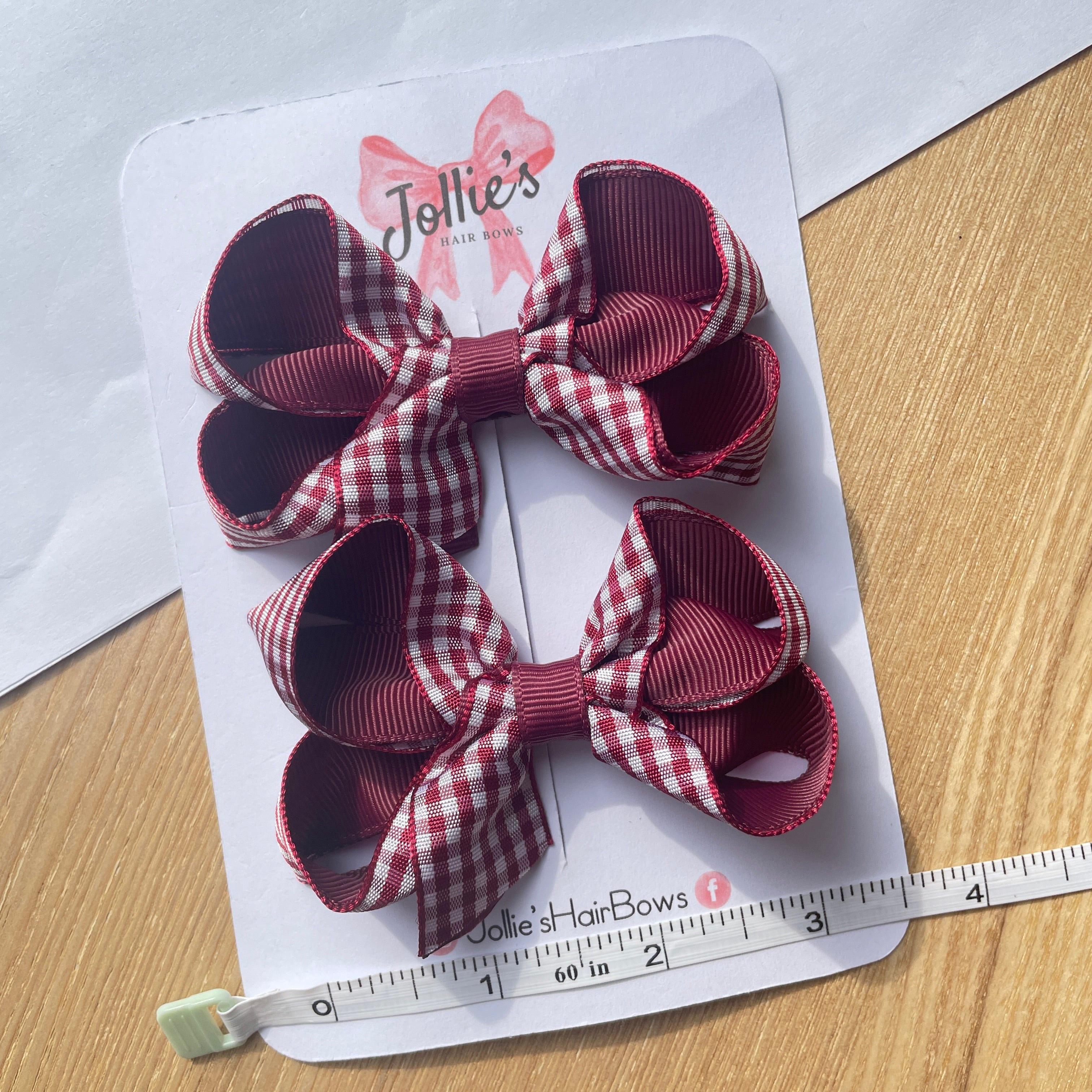 3inch Bow with Clip (pair) - Burgundy Gingham