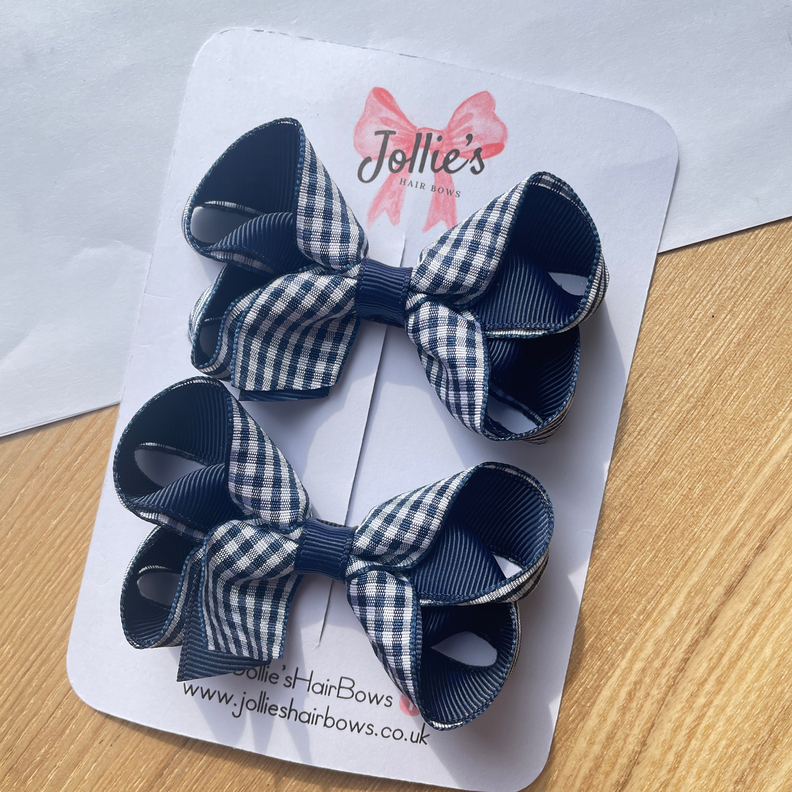 3inch Bow with Clip (pair) - Navy Gingham