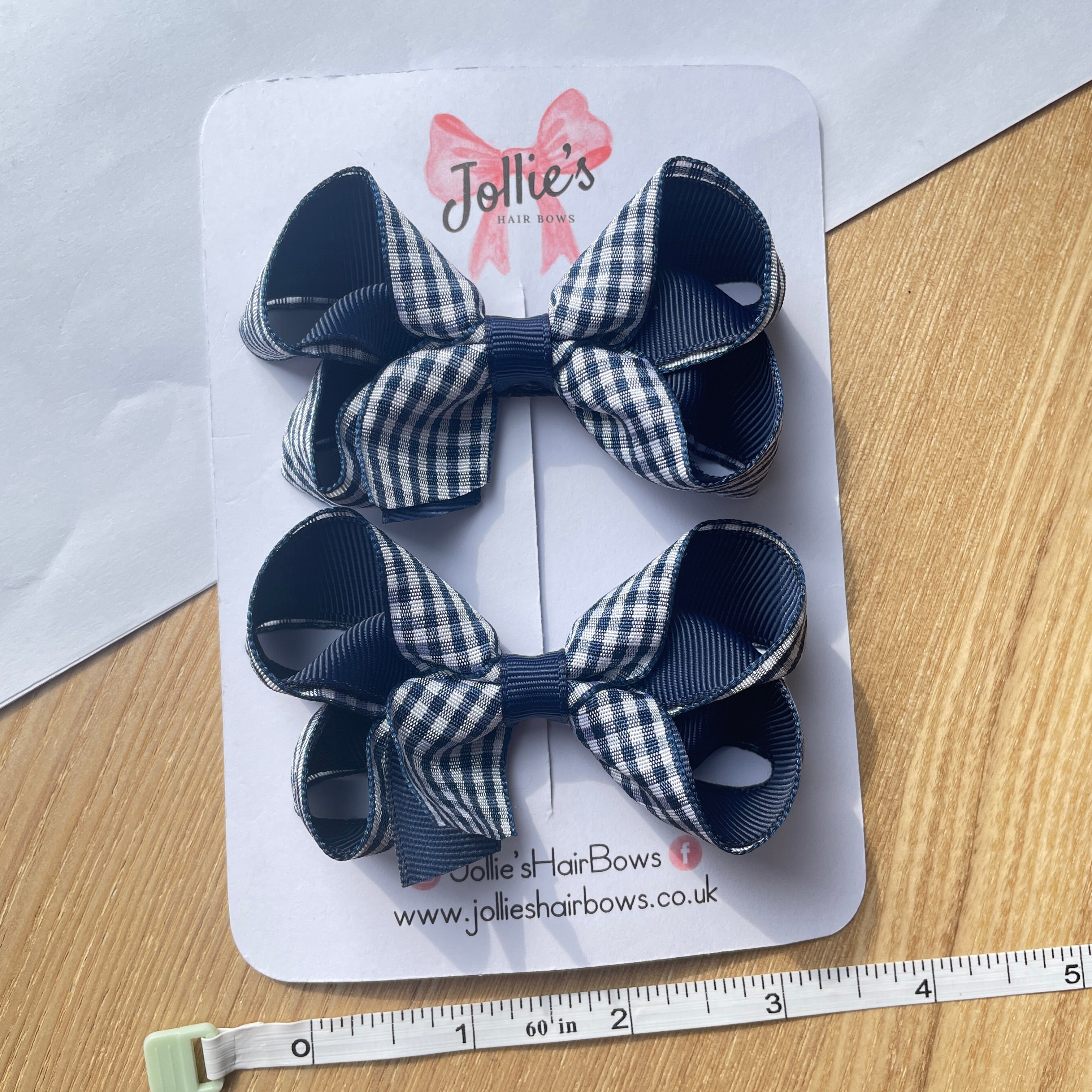 3inch Bow with Clip (pair) - Navy Gingham