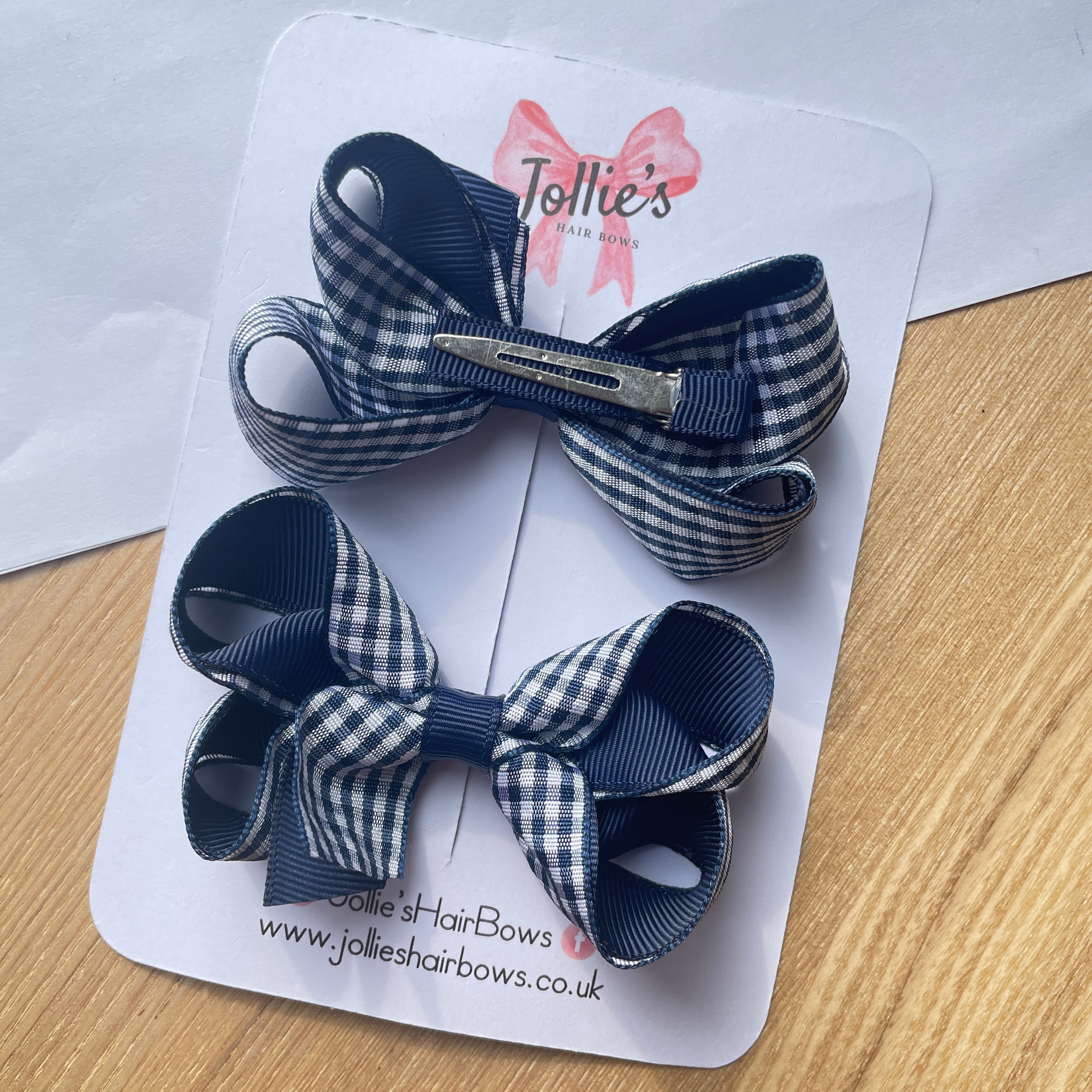 3inch Bow with Clip (pair) - Navy Gingham