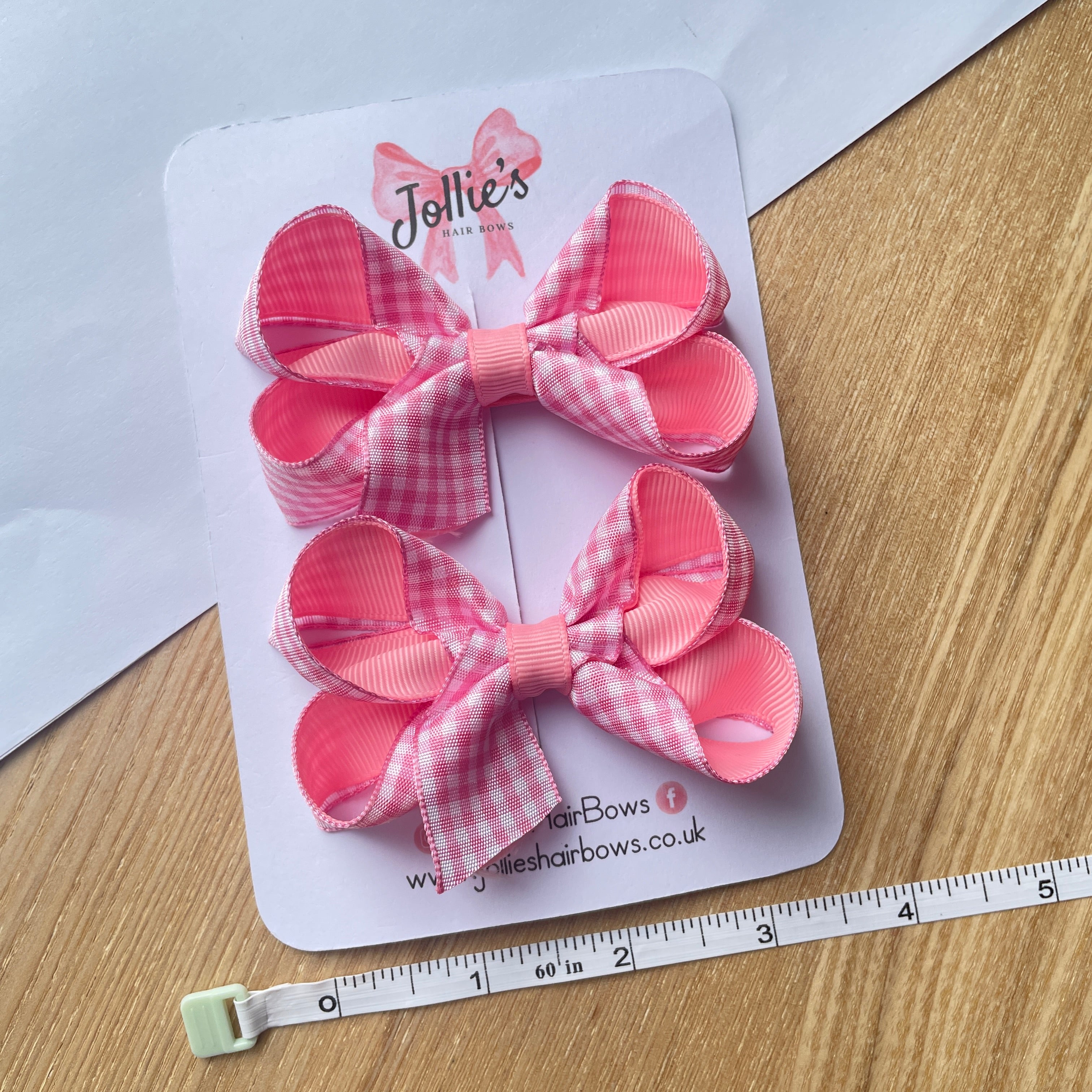 3inch Bow with Clip (pair) - Pink Gingham