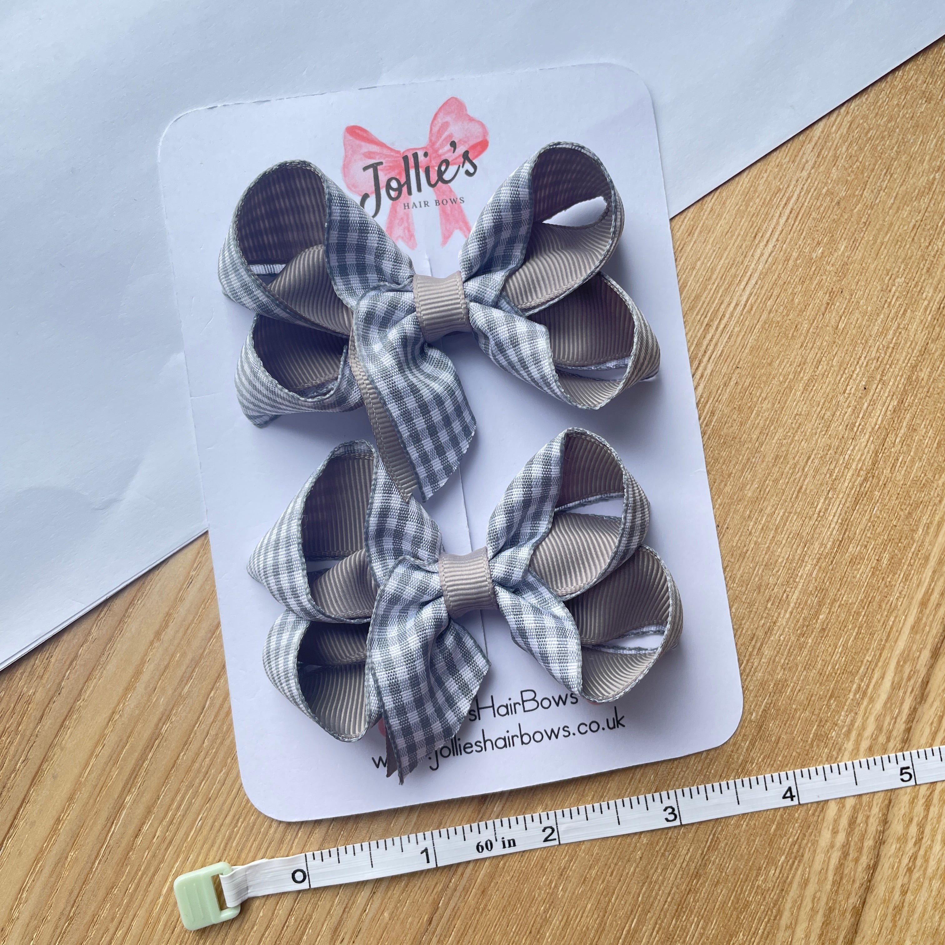 3inch Bow with Clip (pair) - Silver Gingham