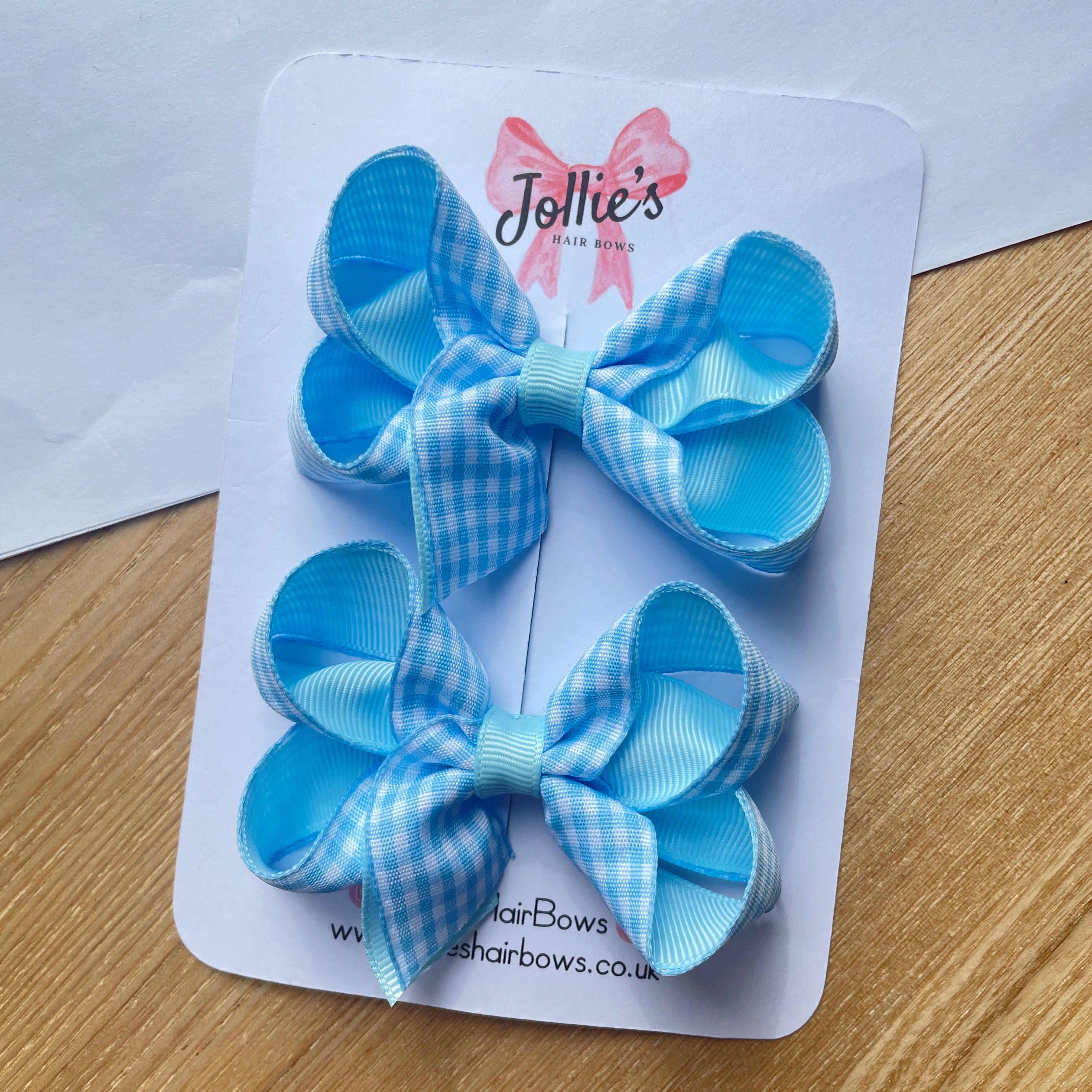 3inch Bow with Clip (pair) - Light Blue Gingham