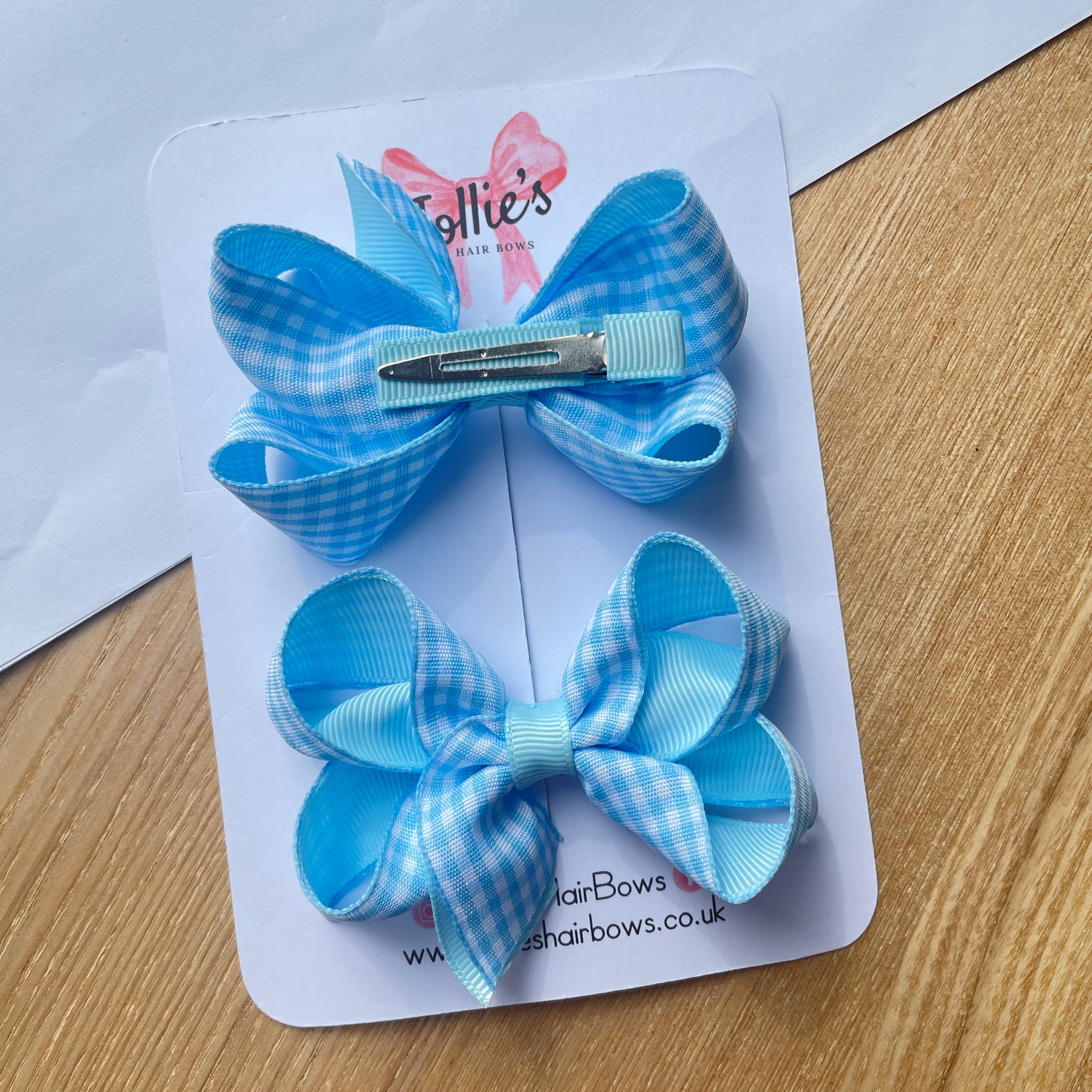 3inch Bow with Clip (pair) - Light Blue Gingham