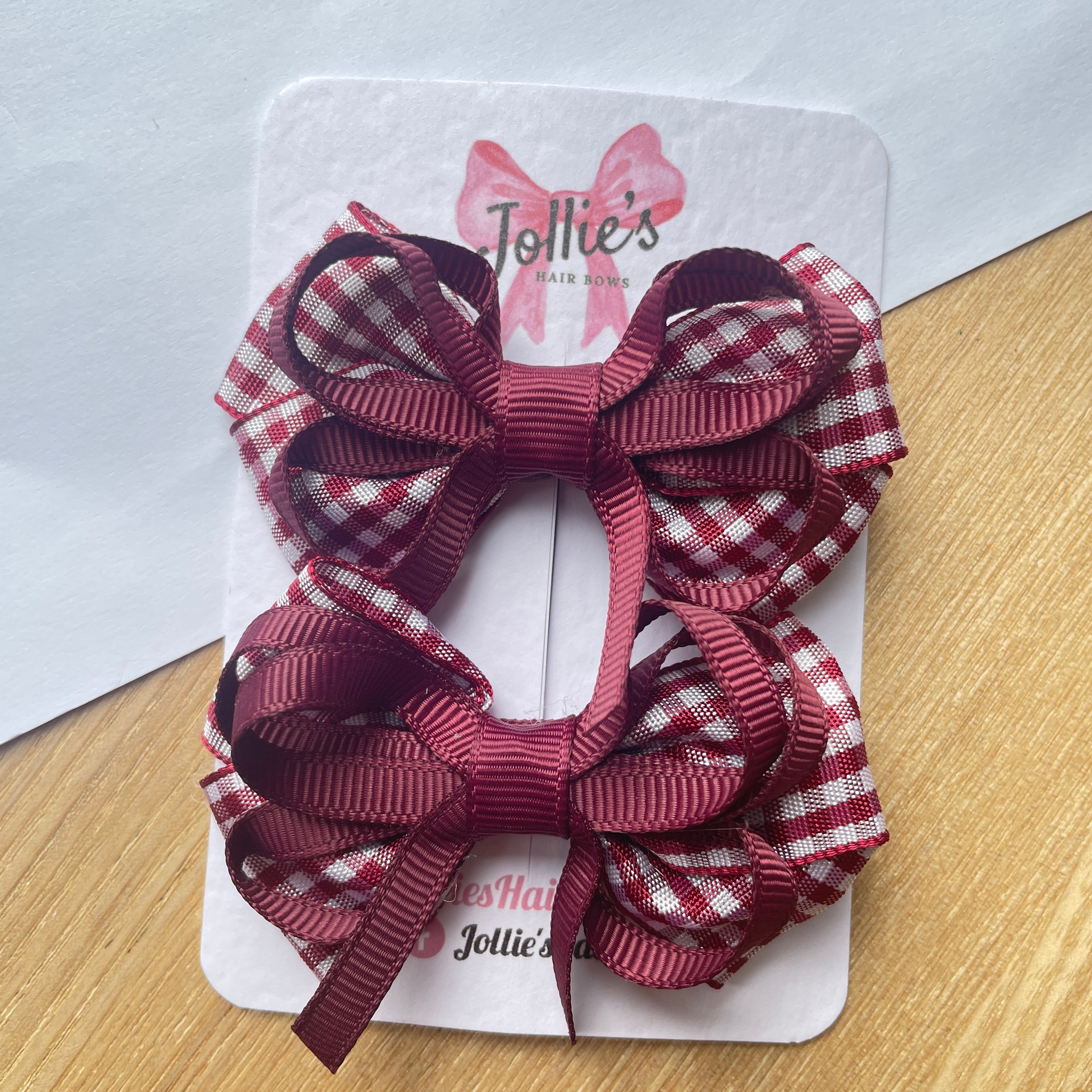 2.5inch Bow with Clip (pair) - Burgundy Gingham