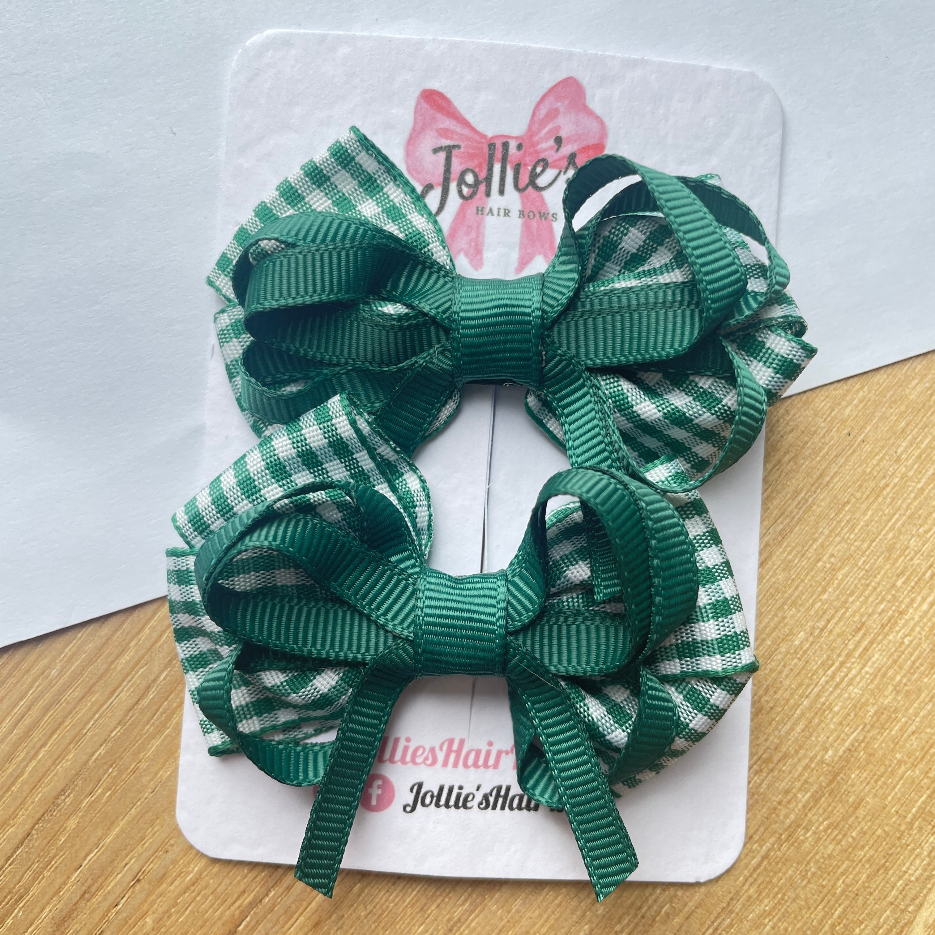 2.5inch Bow with Clip (pair) - Green Gingham