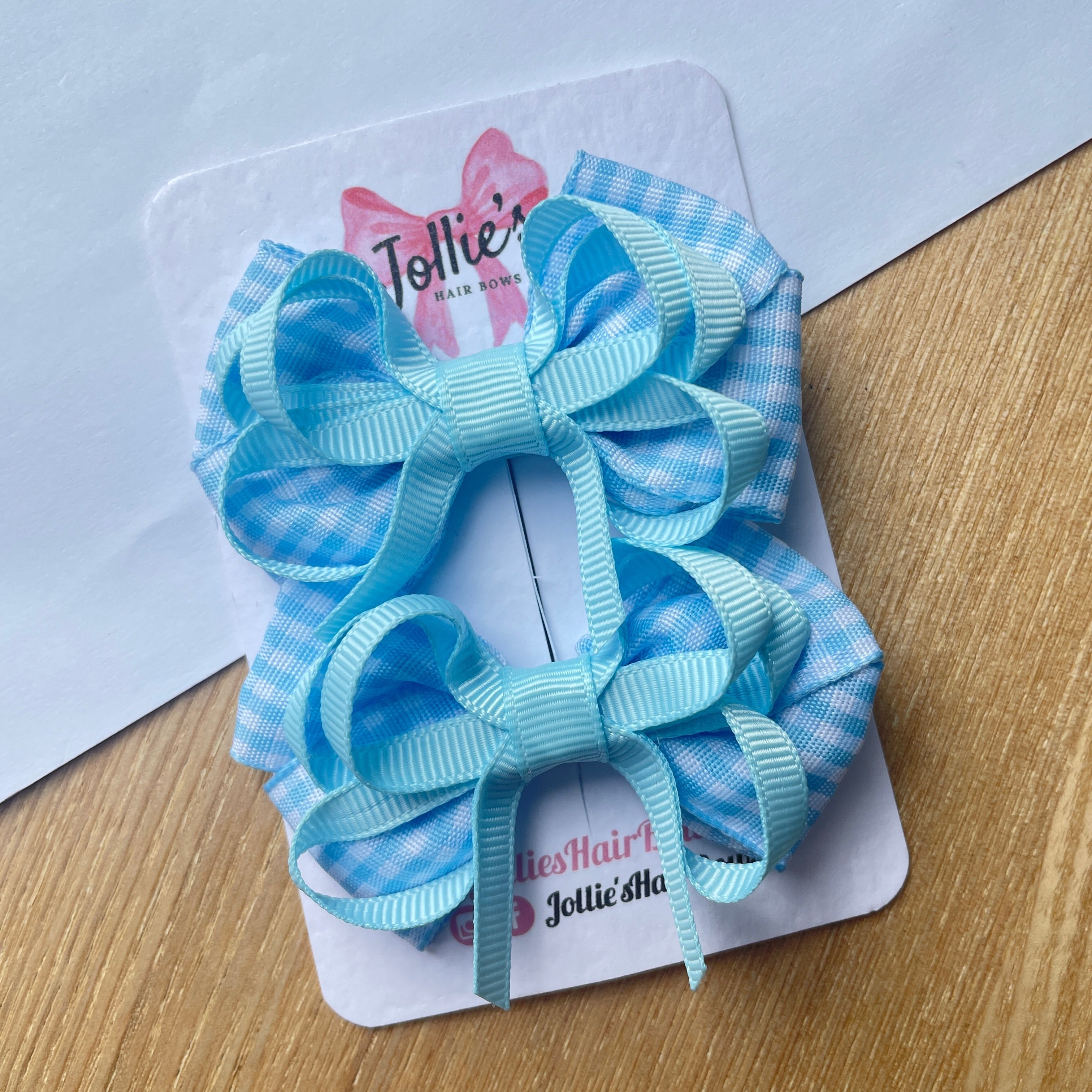 2.5inch Bow with Clip (pair) - Light Blue Gingham