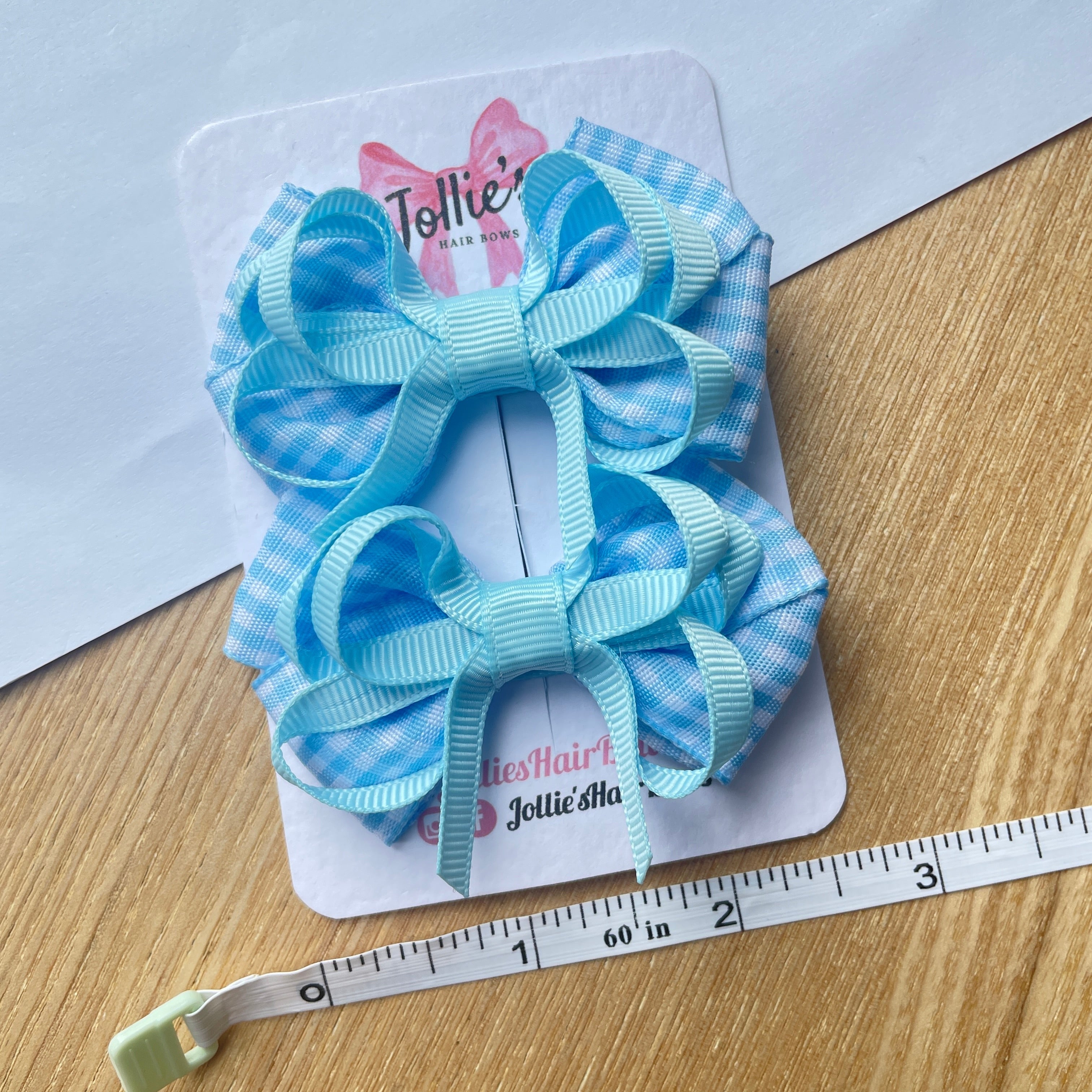 2.5inch Bow with Clip (pair) - Light Blue Gingham