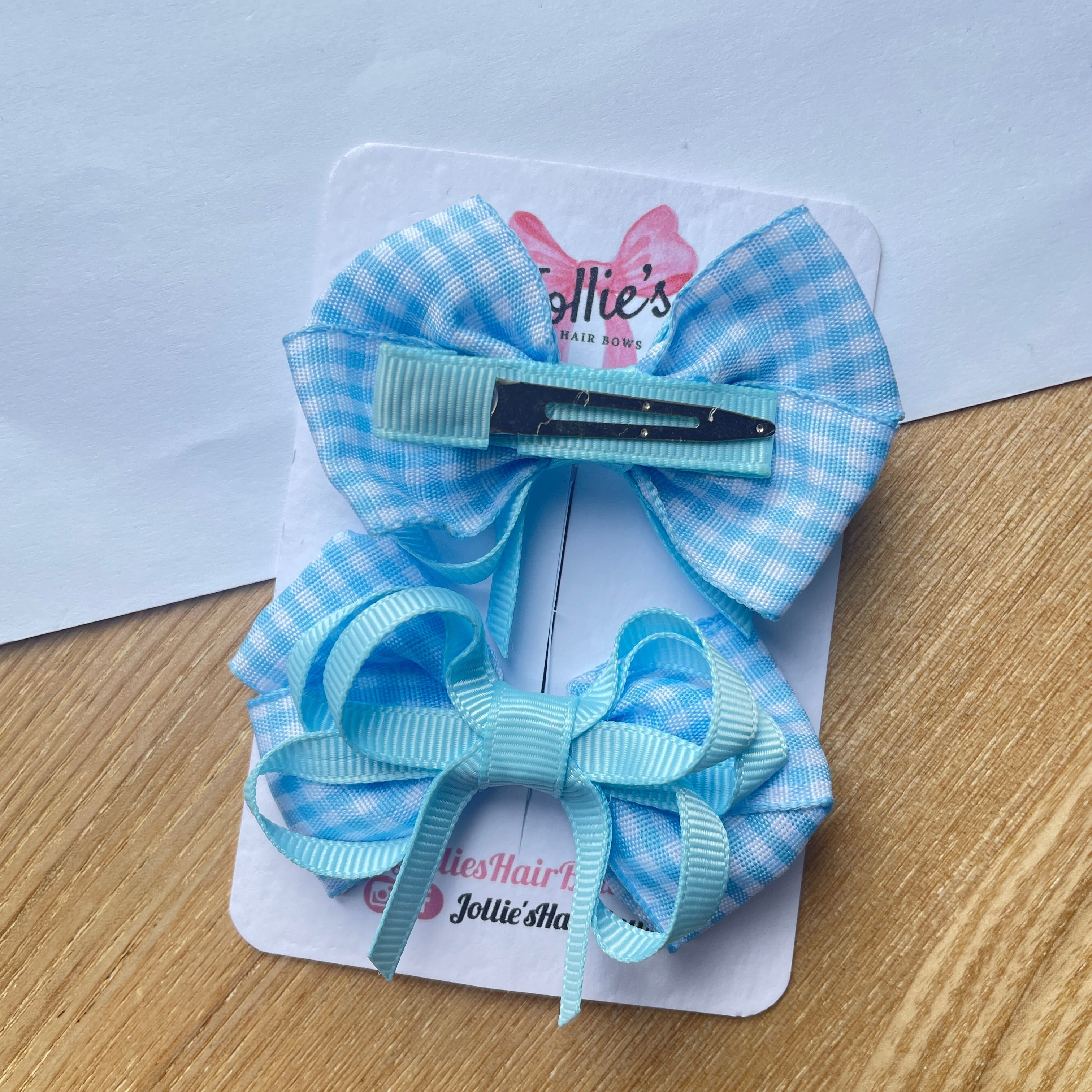 2.5inch Bow with Clip (pair) - Light Blue Gingham